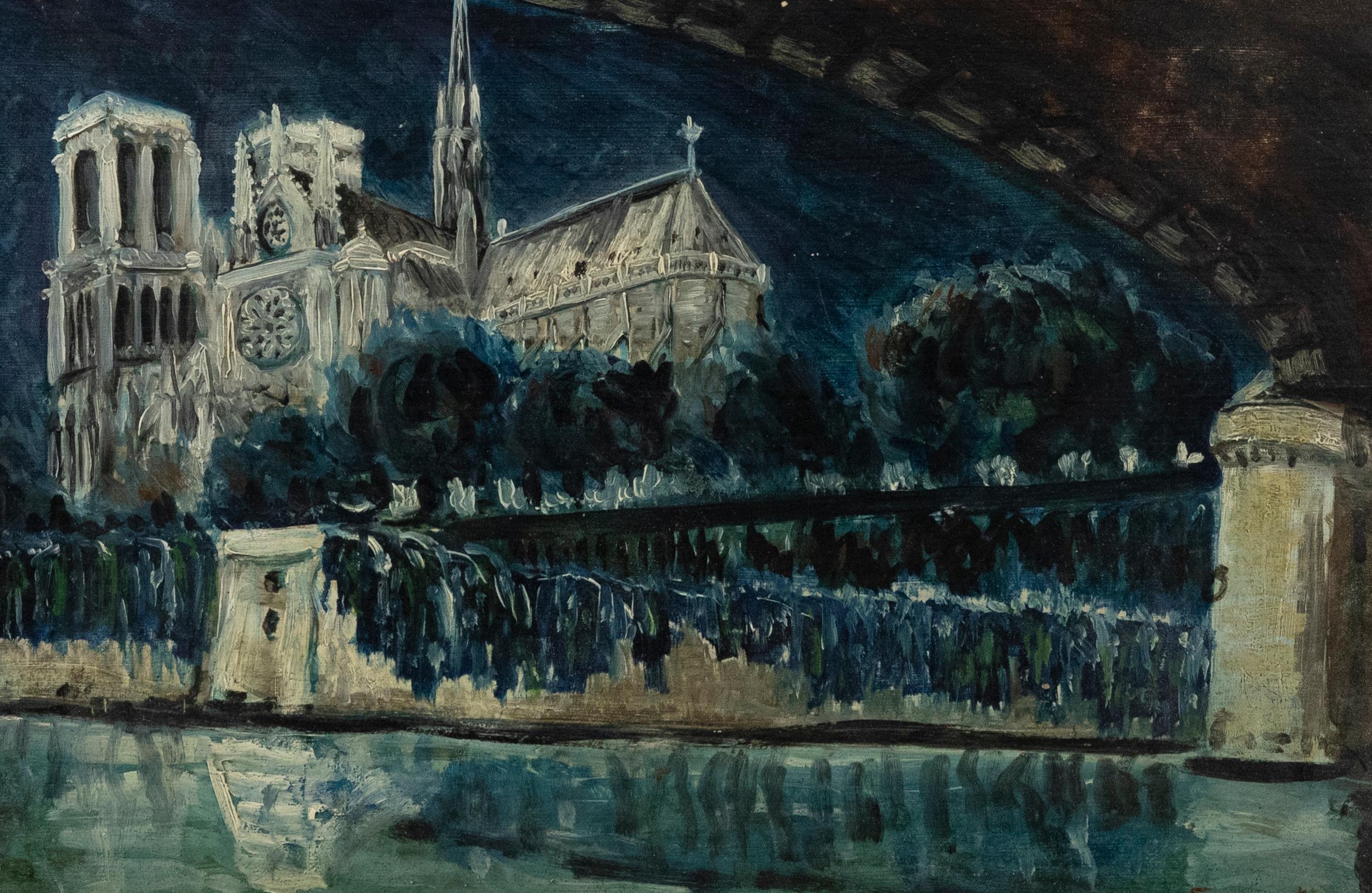 F. Brunet  - 20th Century Oil, Notre Dame at Night - Painting by Unknown