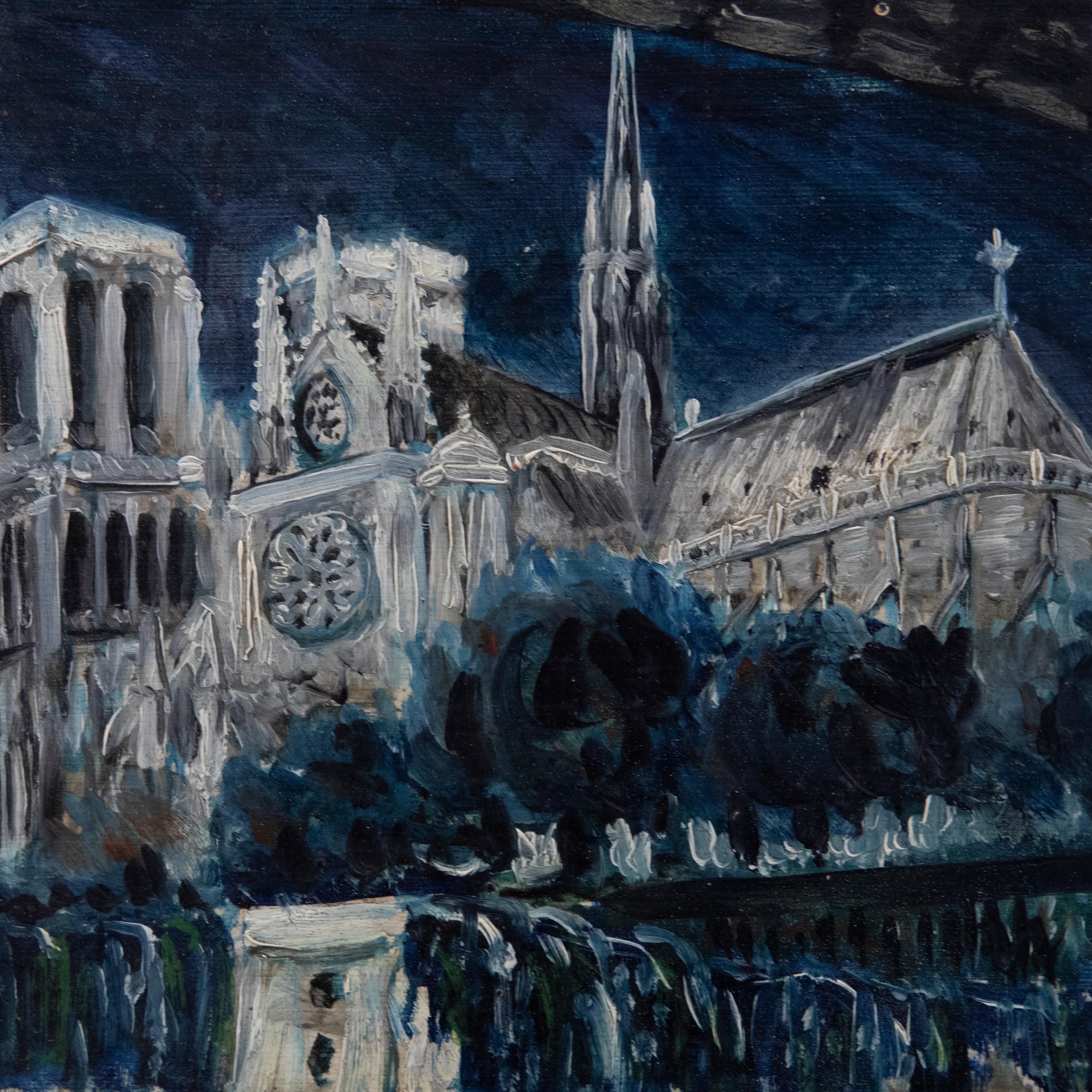 A delightful study of Notre Dame in Paris at Night. The artist captures the scene from beneath a bridge, framing the composition to show the cathedral's grand facade reflected in the surface of the water. Signed to the lower right. Presented in a