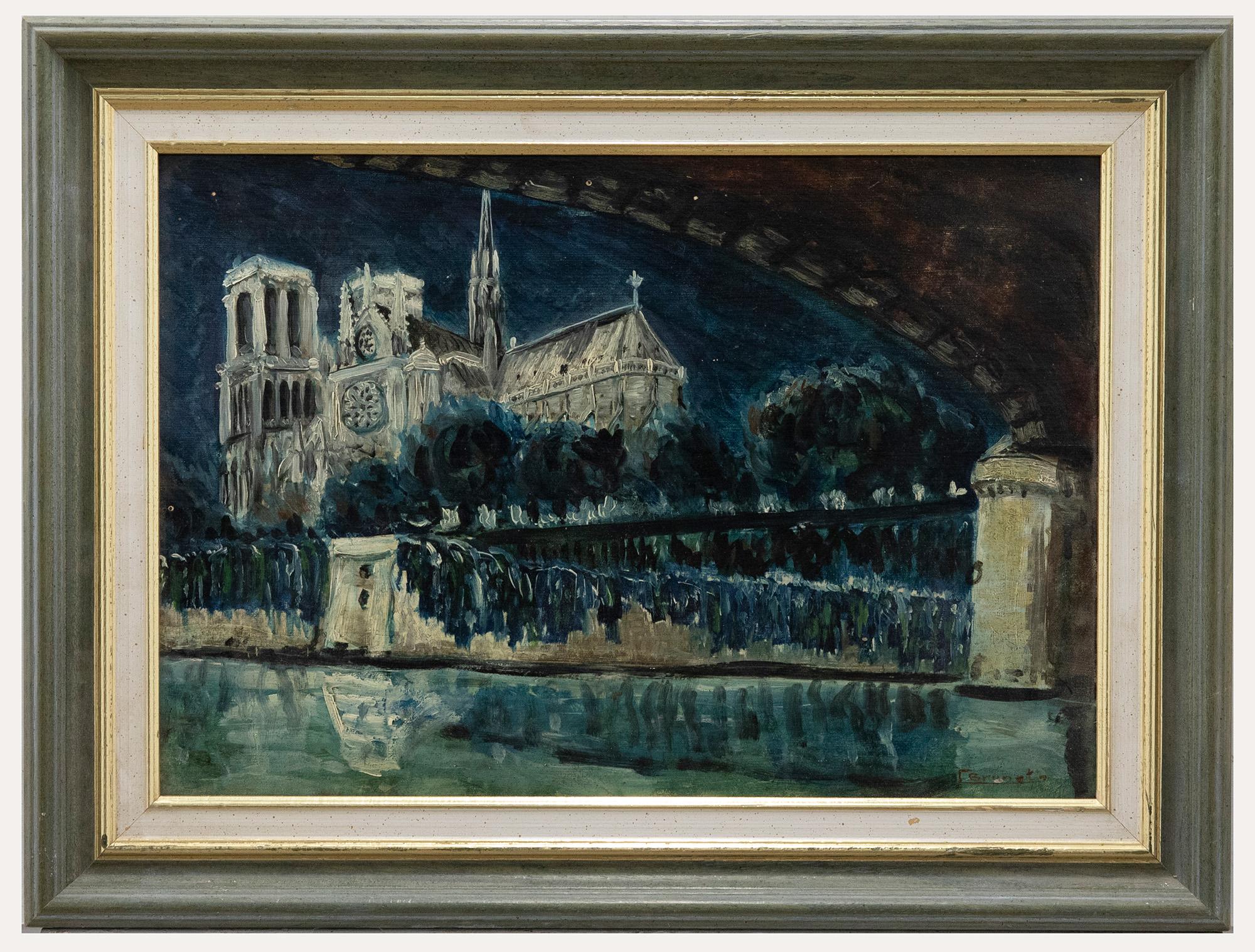 Unknown Landscape Painting - F. Brunet  - 20th Century Oil, Notre Dame at Night