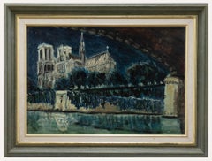 Vintage F. Brunet  - 20th Century Oil, Notre Dame at Night