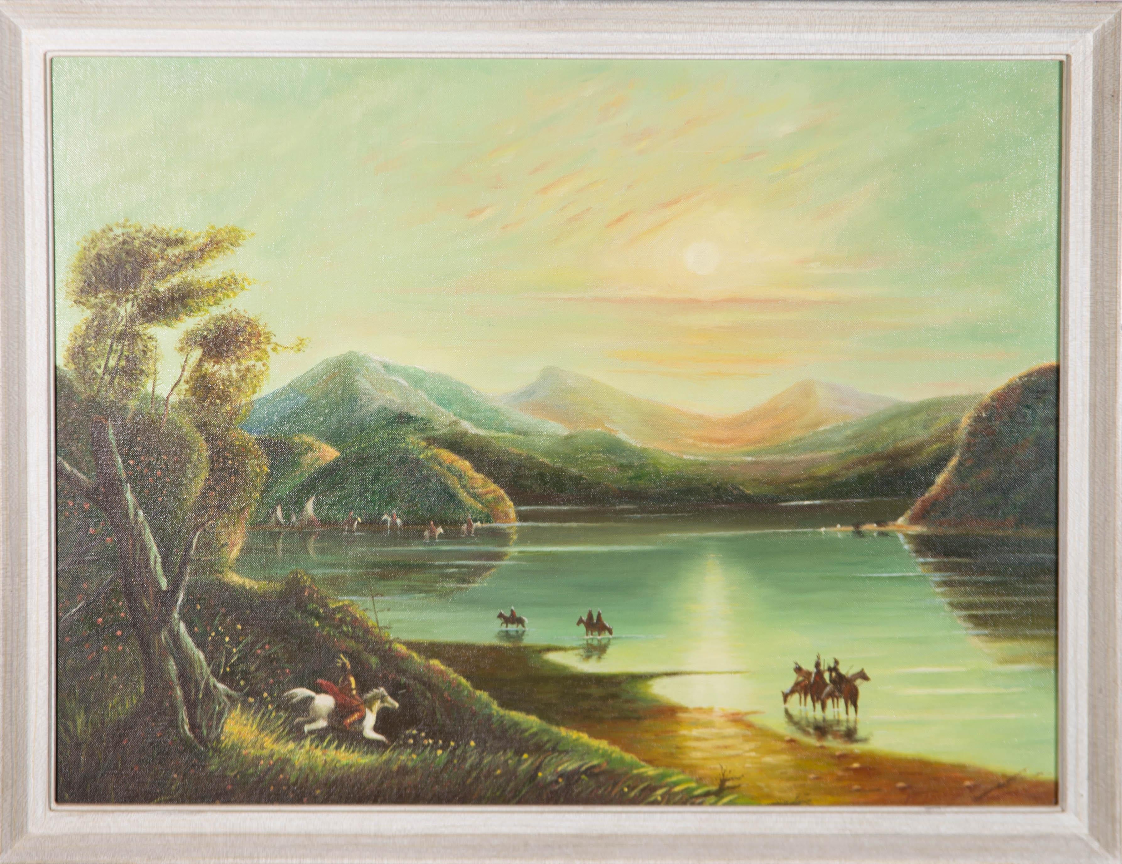 Unknown Landscape Painting - F. Dickons - Signed & Framed Mid 20th Century Oil, Native American Warriors