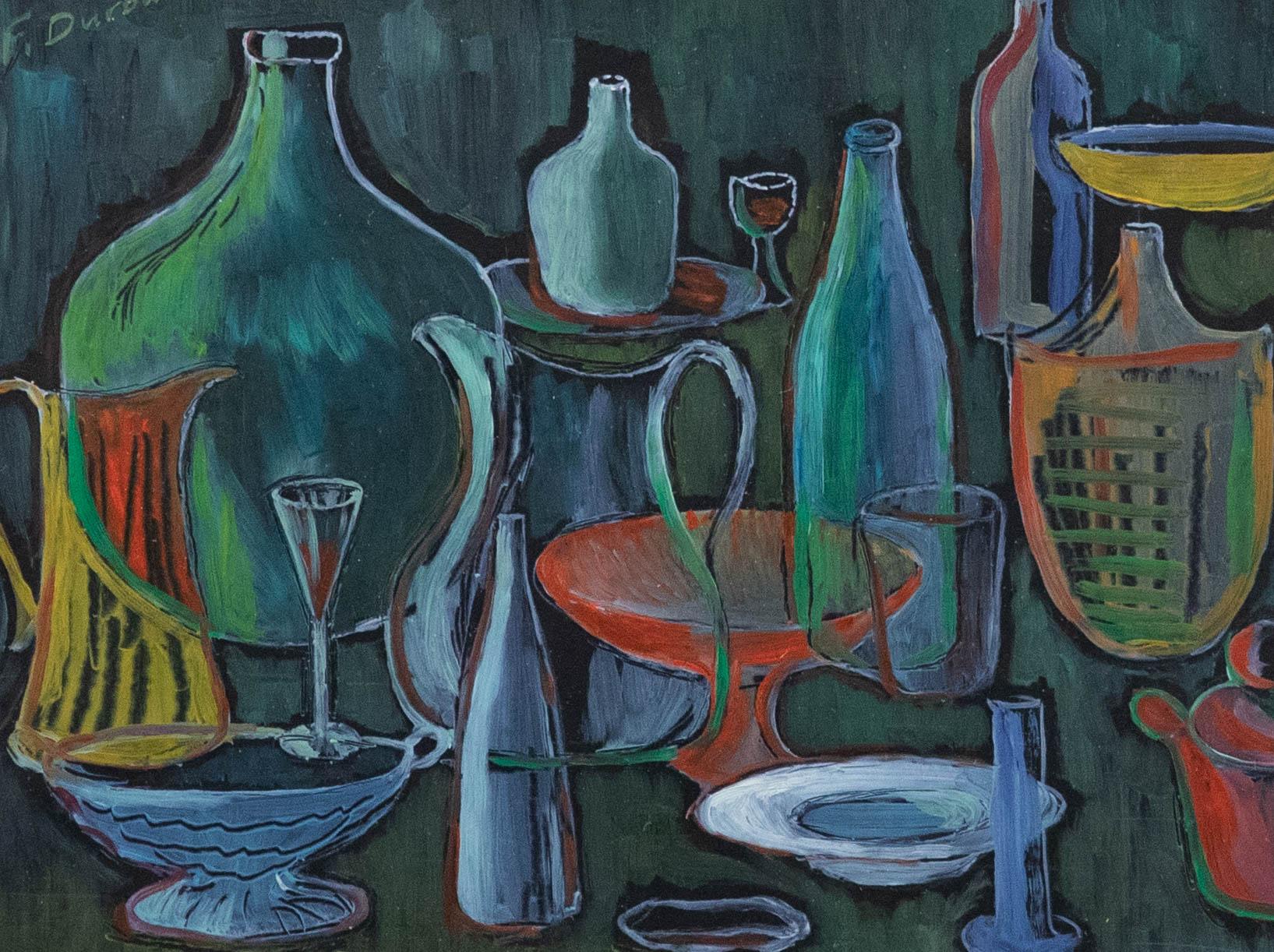 F. Durban  Ölgemälde des 20. Jahrhunderts, Gefäße in Blau – Painting von Unknown