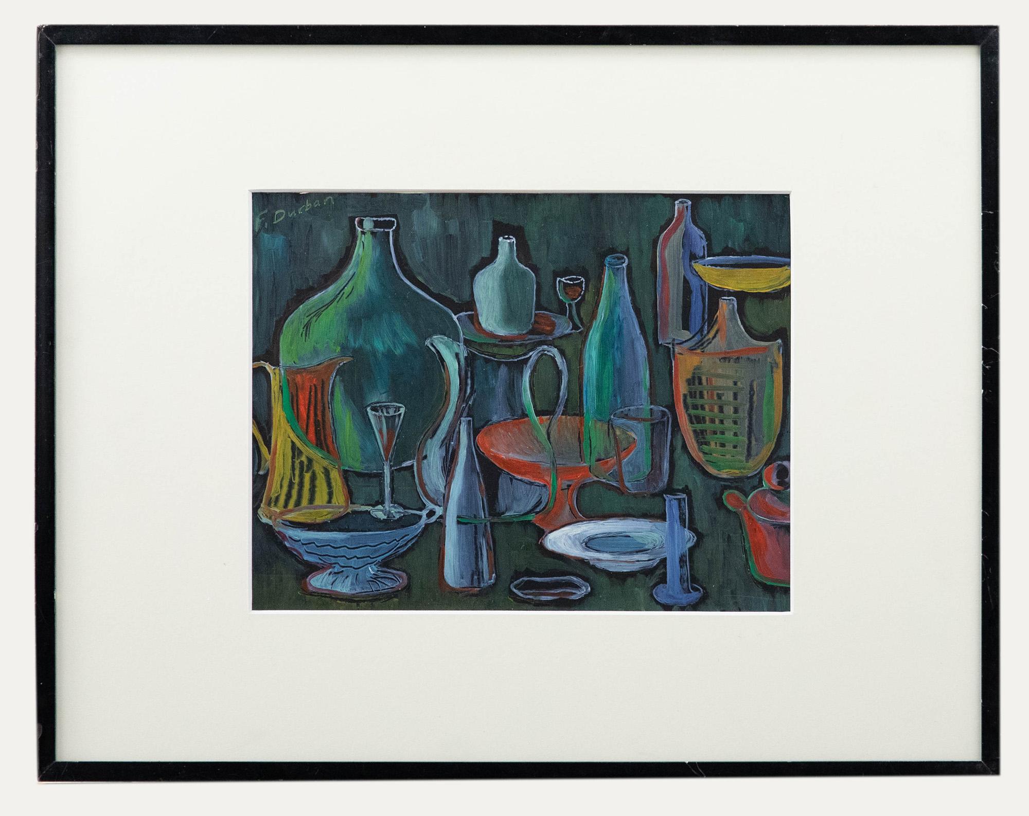 Unknown Still-Life Painting – F. Durban  Ölgemälde des 20. Jahrhunderts, Gefäße in Blau