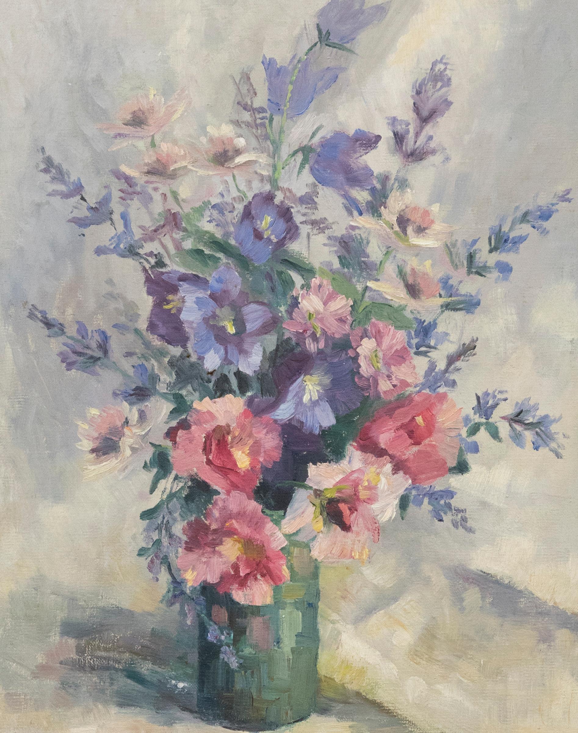 F. E. Tideswell - Óleo enmarcado del siglo XX, Flores rosas y moradas - Painting de Unknown