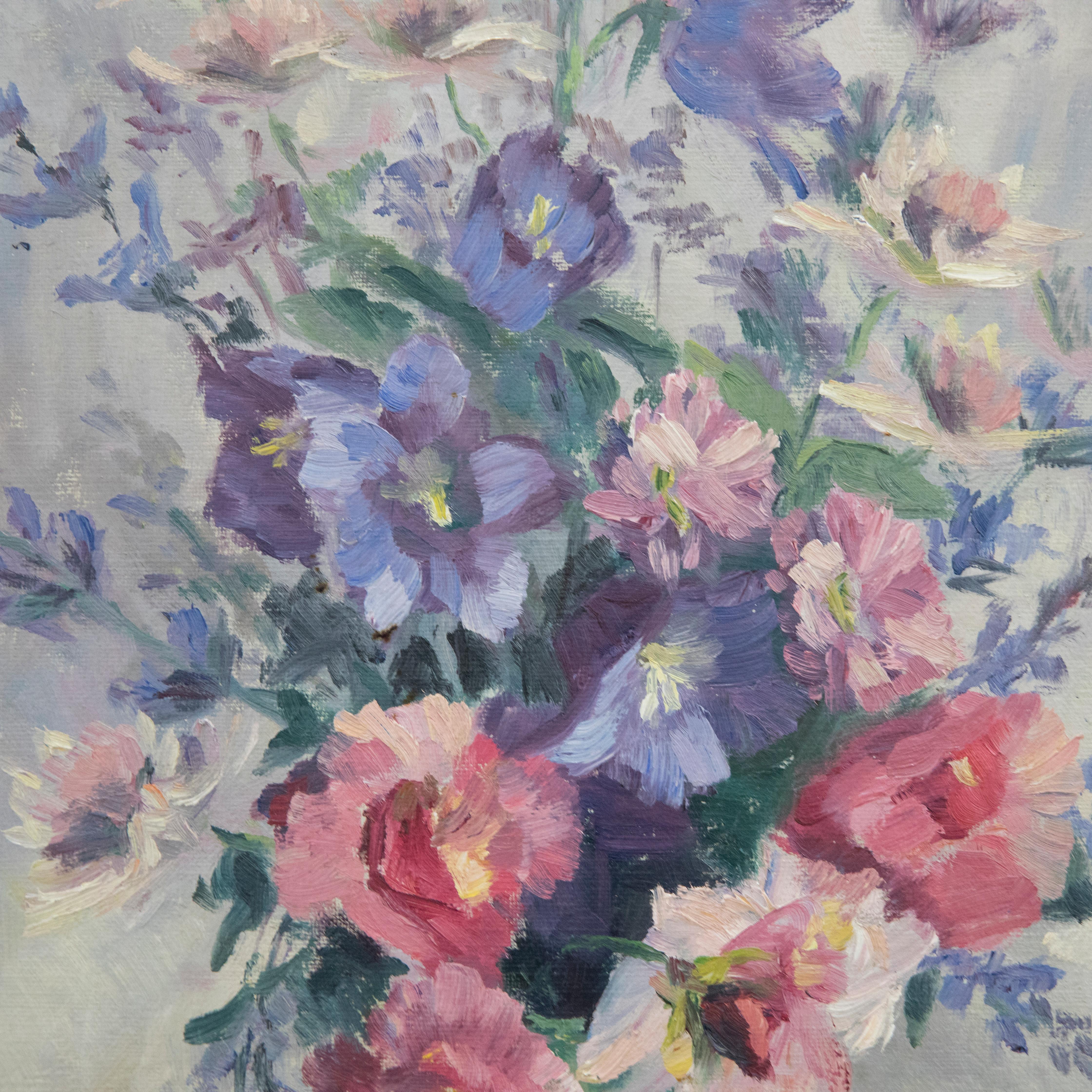 F. E. Tideswell - Óleo enmarcado del siglo XX, Flores rosas y moradas 1