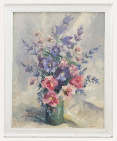 F. E. Tideswell – gerahmtes Ölgemälde, rosa und lila Blumen, 20. Jahrhundert