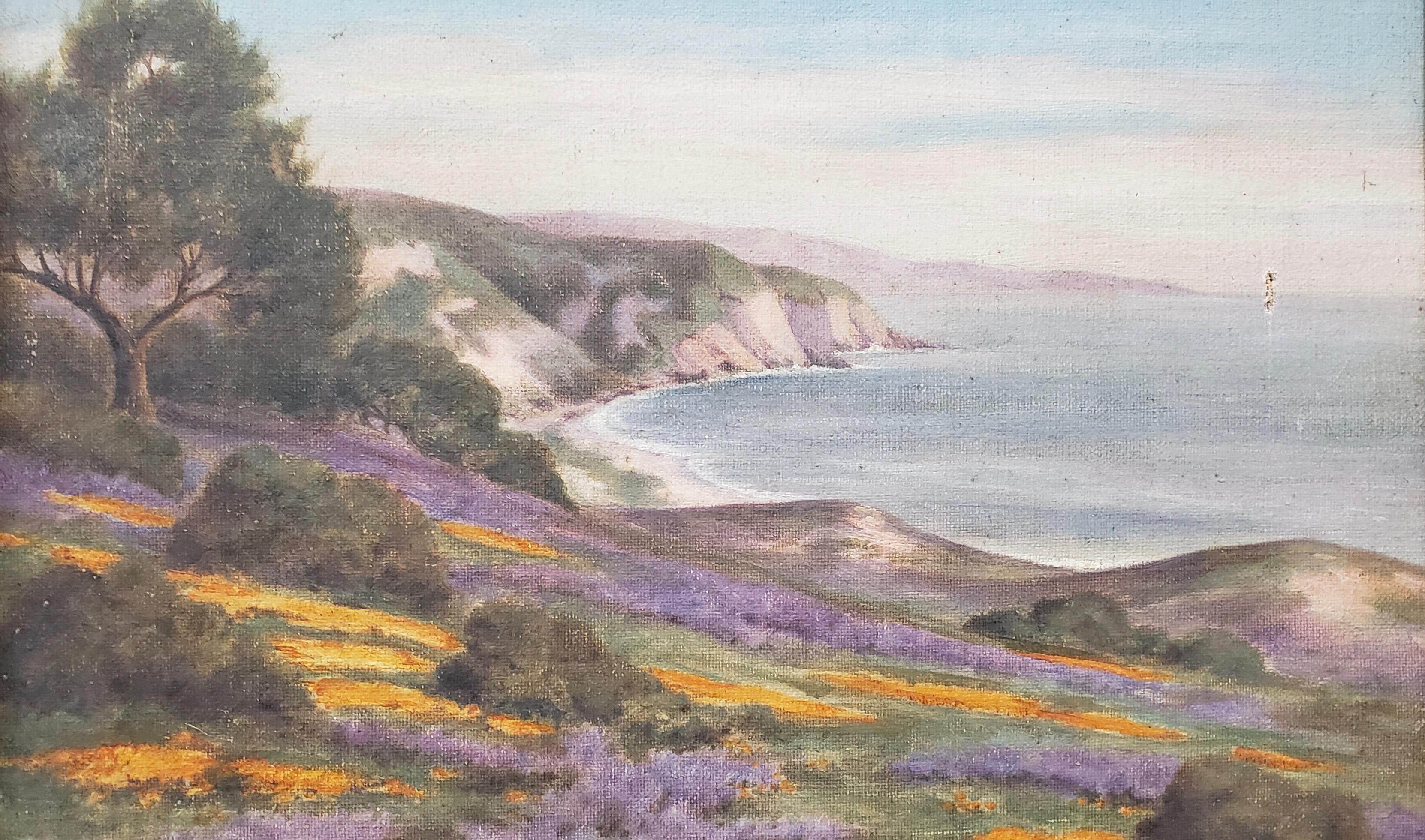 F. Elliott Early 20th c. California Coastal Oil Painting with Wildflowers c.1920 2