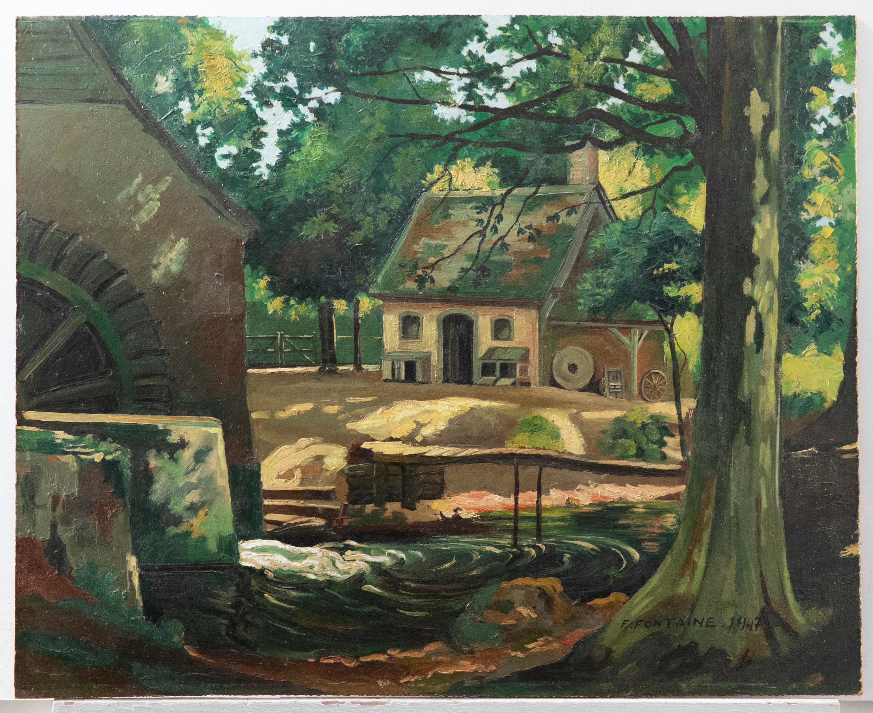 F. Fontaine - Mid 20th Century Oil, The Watermill Yard - Painting by Unknown