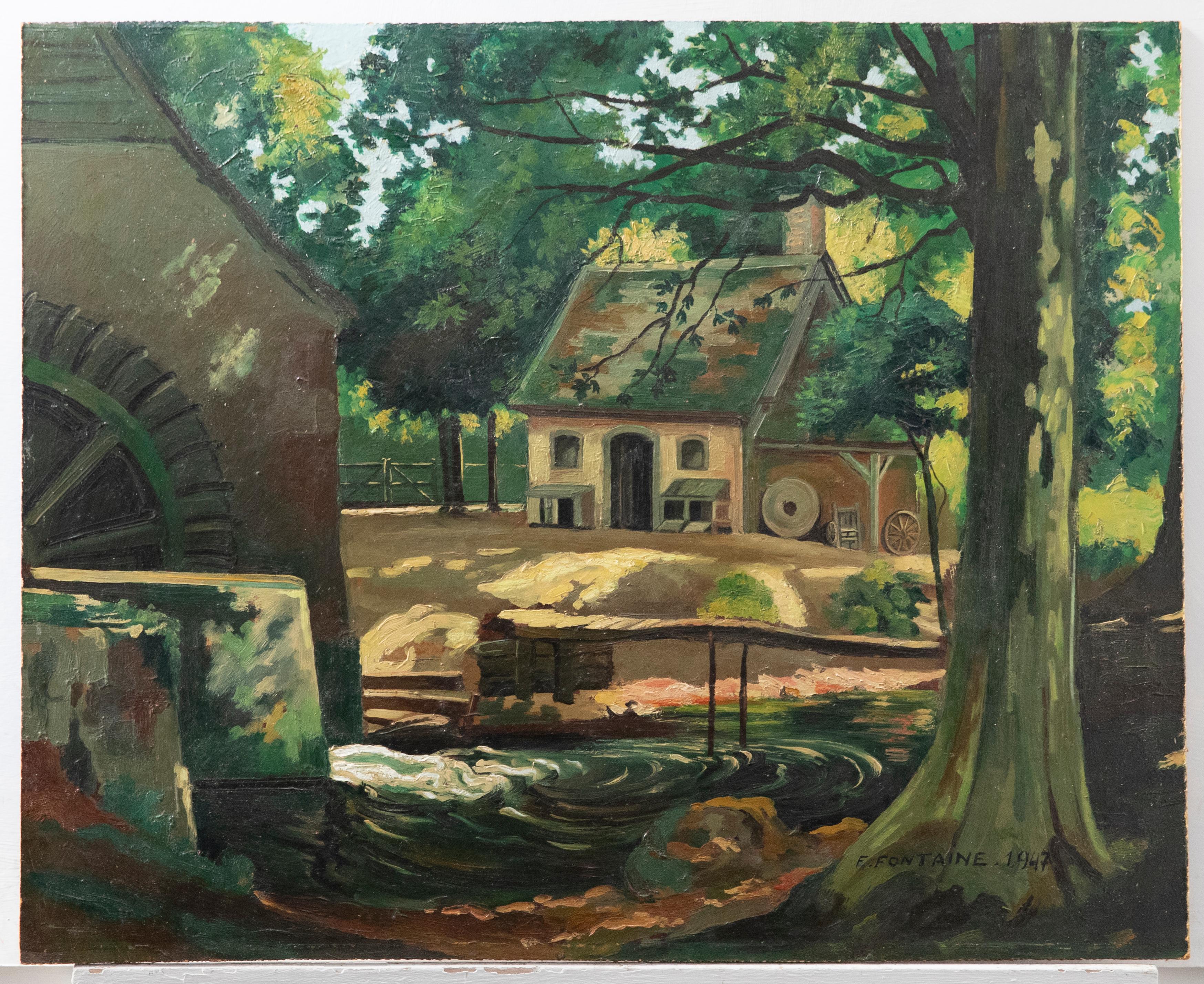 F. Fontaine, huile du milieu du 20e siècle, The Watermill Yard - Painting de Unknown