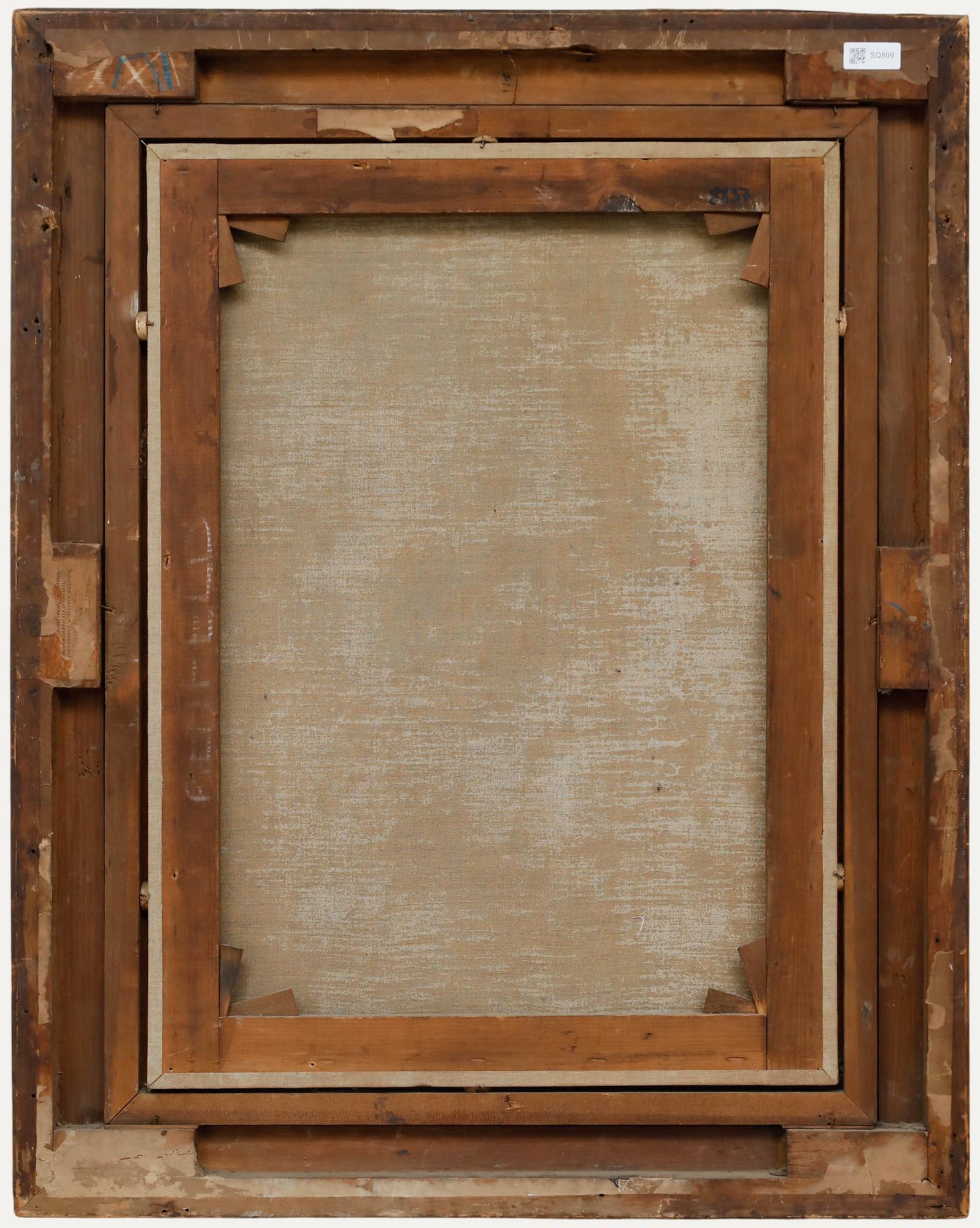 F. Fountaine - Fine Framed 1895 Oil, Knitting by the Fire - Brown Figurative Painting by Unknown