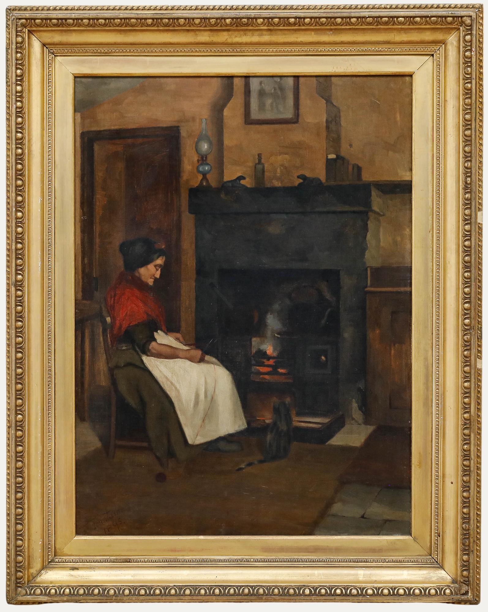 F. Fountaine - Fine Framed 1895 Oil, Knitting by the Fire