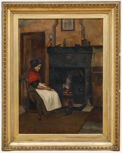 F. Fountaine - Fine Framed 1895 Oil, Knitting by the Fire