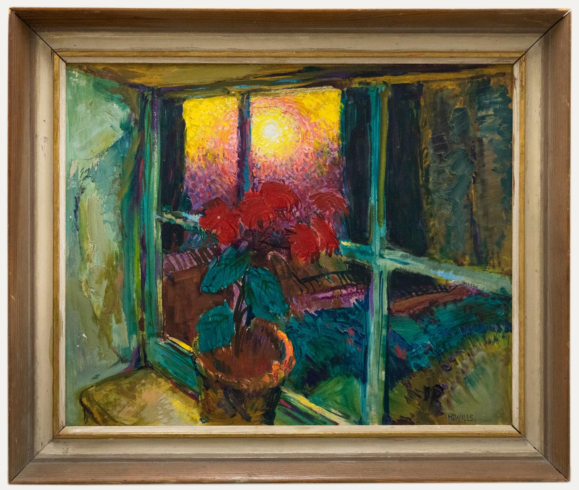 Still-Life Painting de Unknown - F. G. Wills  - Óleo del siglo XX, La ventana al atardecer