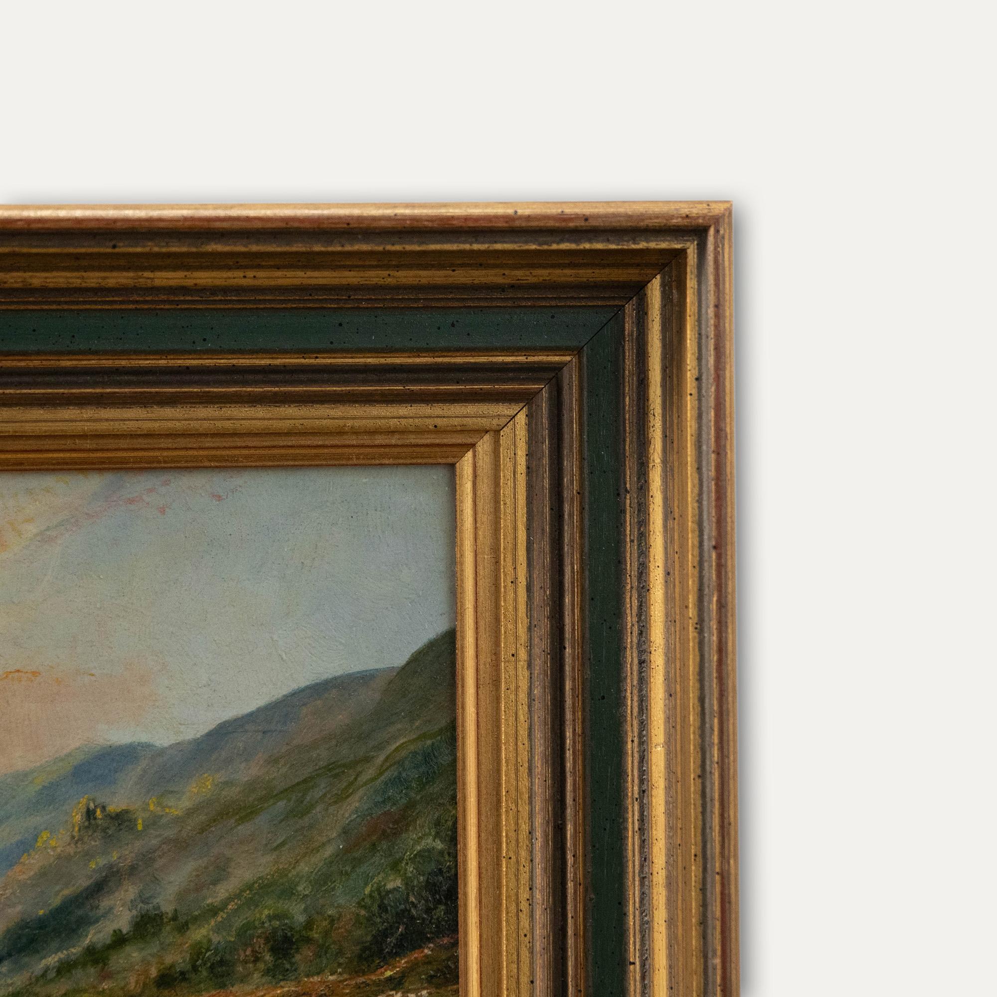 F. Gill - Óleo enmarcado de principios del siglo XX, Atardecer en Llyn Crafnant 1
