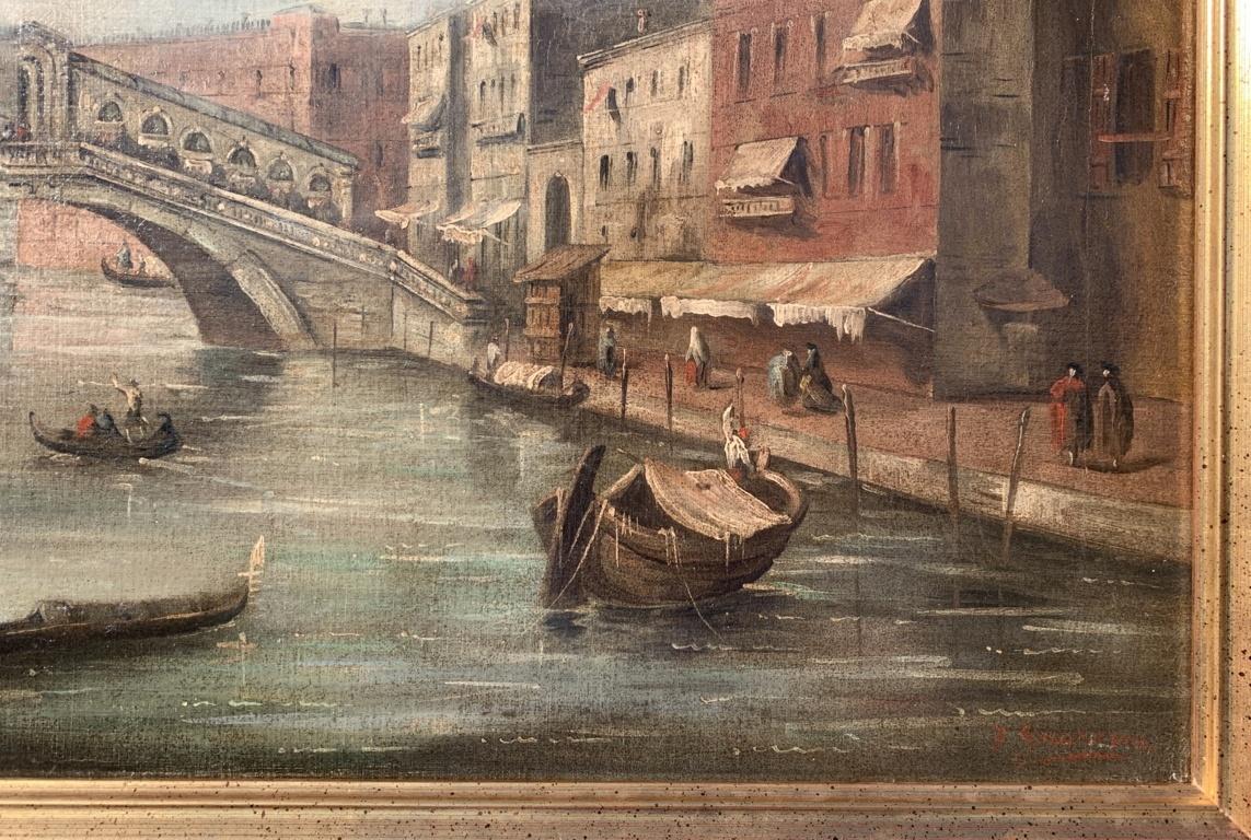 Venetian painter (c. 1880) - View of the Grand Canal with the Rialto Bridge in Venice.

50 x 70 cm without frame, 58 x 78 cm with frame.

Oil on canvas, in a wooden frame.

Work signed on the lower right: 