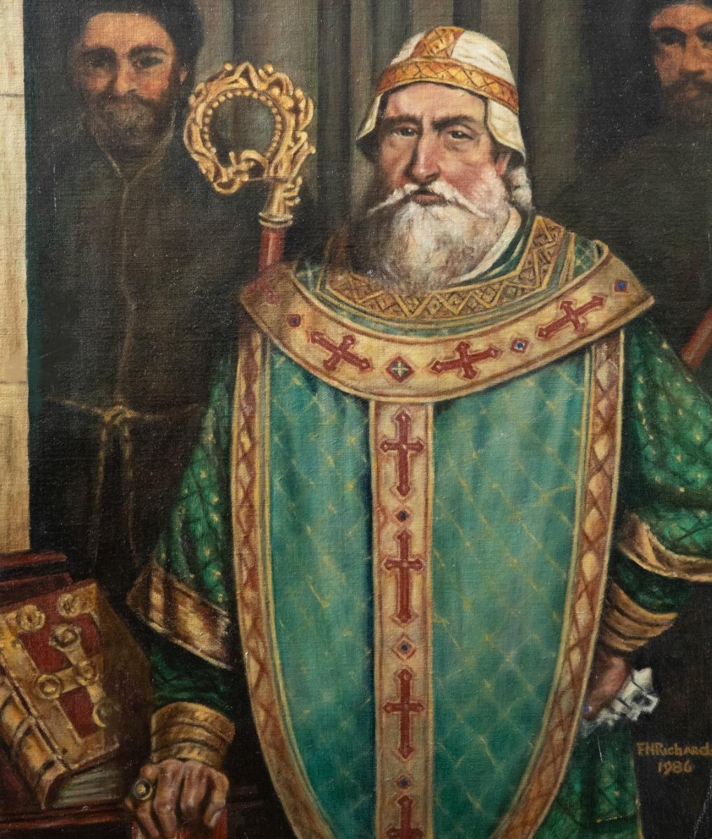 Unknown Figurative Painting -  F. H. Richards - 1986 Oil, Portrait of St Patrick with Crozier