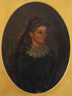F. Heath  - c.1890 Oil, Victorian Girl with a Red Bow