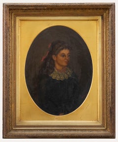 F. Heath - c.1890 Oil, Victorian Girl with a Red Bow