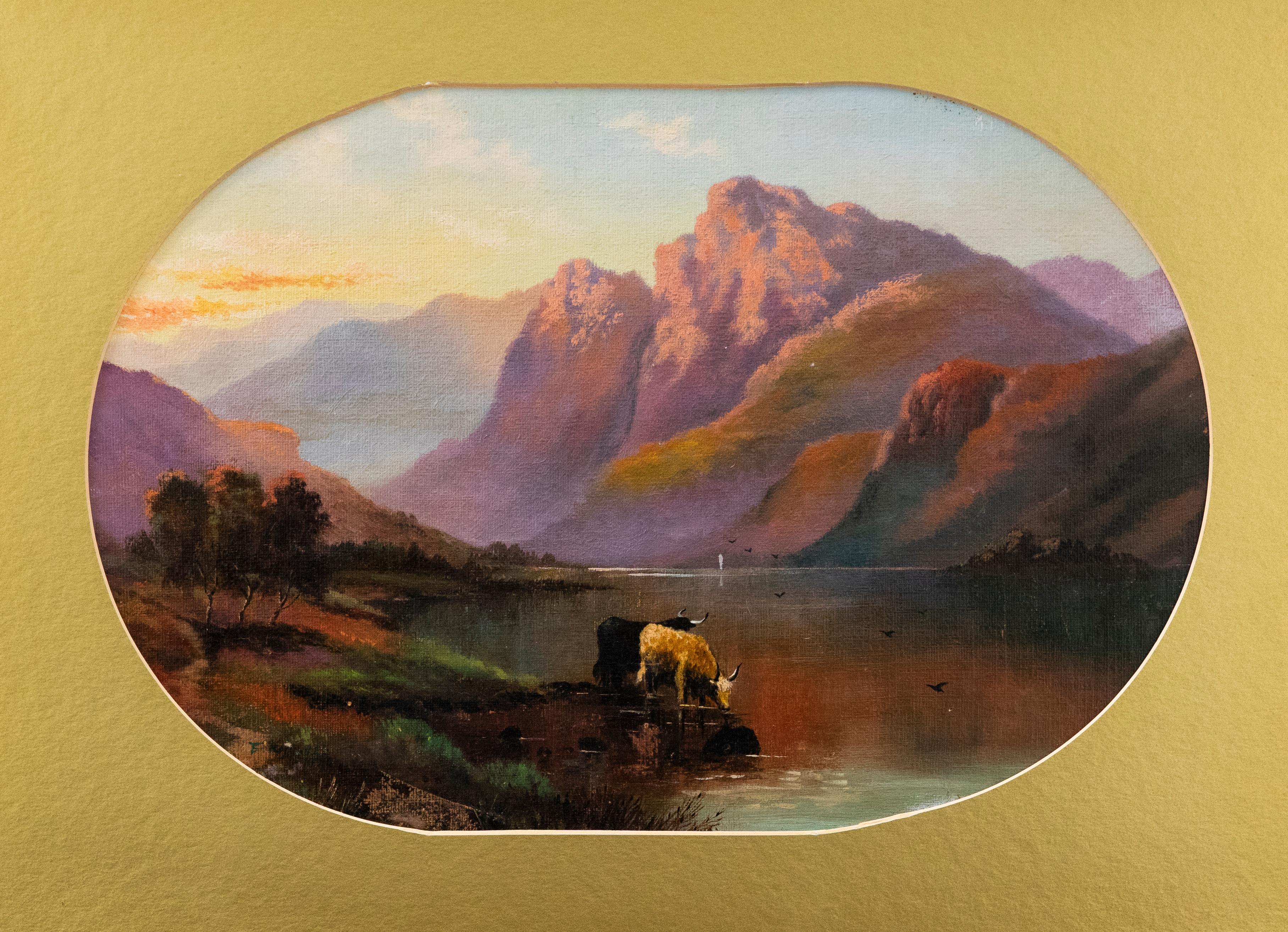 Unknown Landscape Painting - F. Knowles - 1920 Oil, Highland Cattle Watering