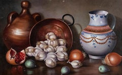 F. Mancheno - Óleo contemporáneo francés, Bodegón de ajos y cebollas