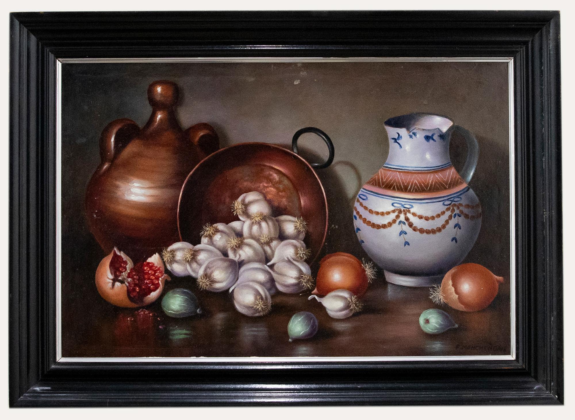 Unknown Still-Life Painting - F. Mancheno - French Contemporary Oil, Still Life of Garlic & Onions