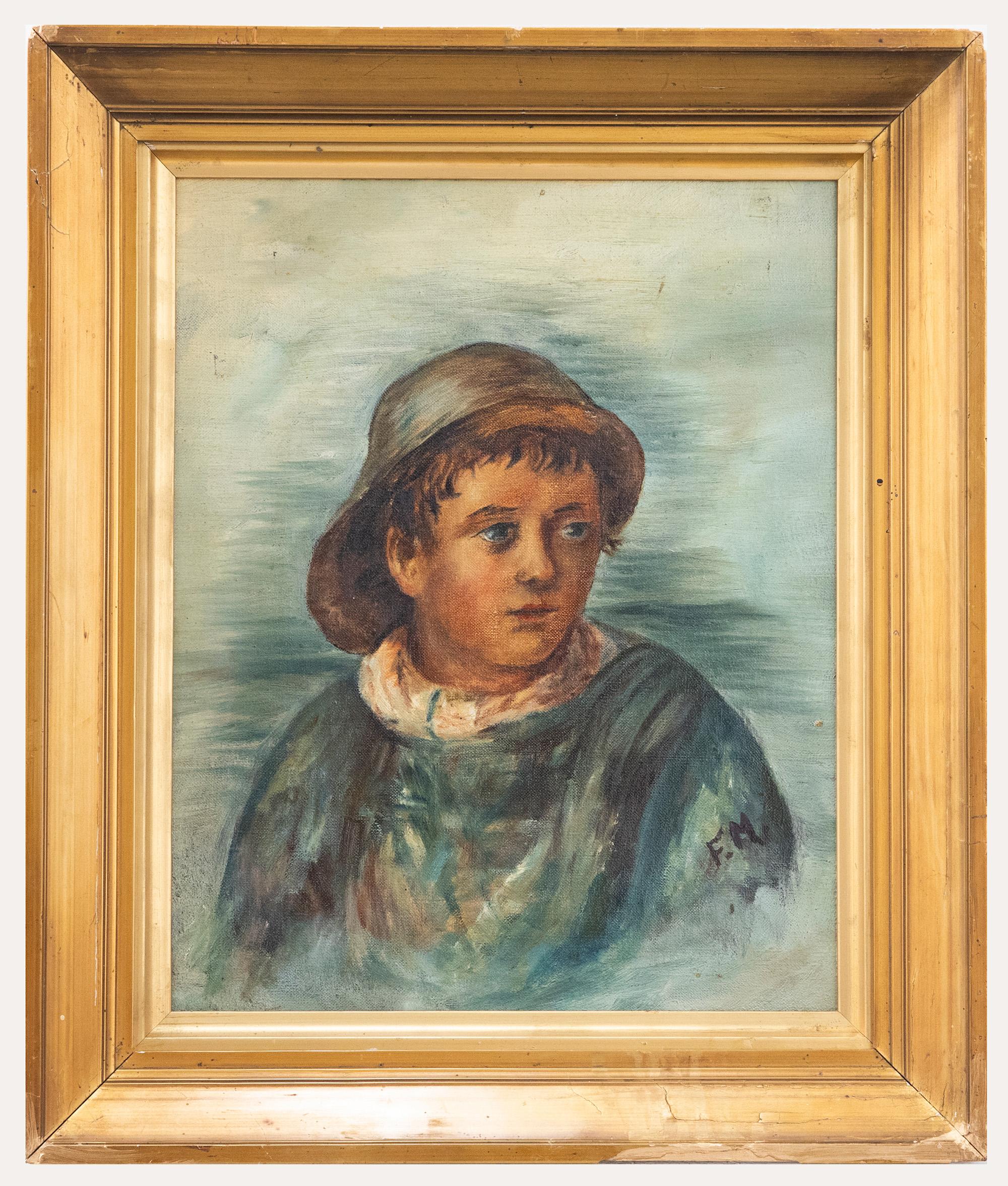 Unknown Portrait Painting - F. Morgan  - 1914 Oil, Fisher Boy
