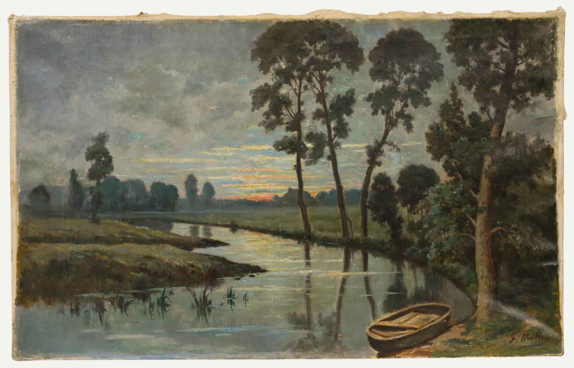 Landscape Painting Unknown - F. Mulley - Début du 20e siècle Huile, Crépuscule sur la rivière