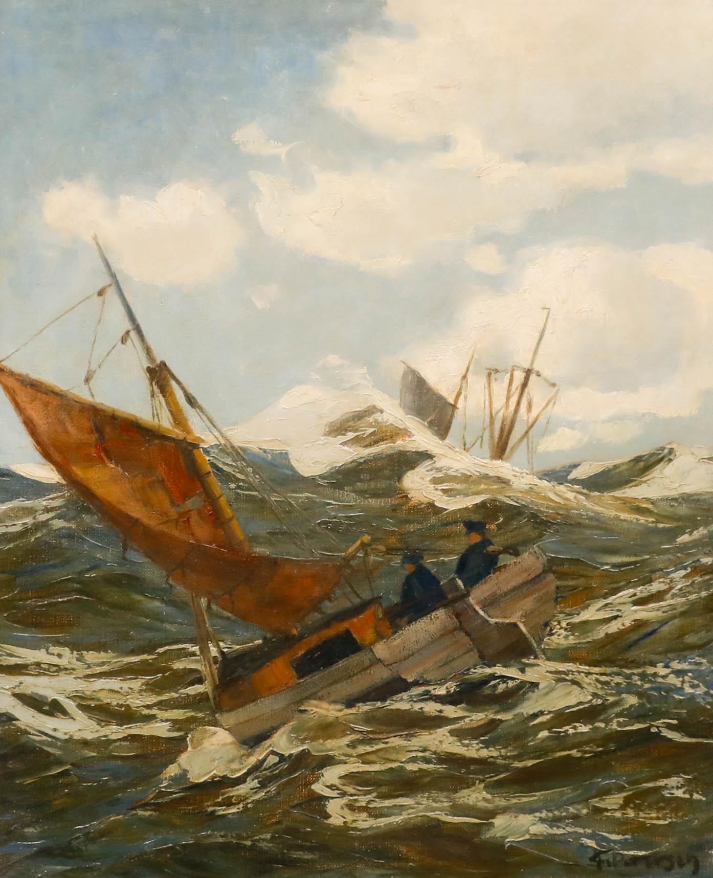 F. Petersen - Gerahmtes Öl aus der Mitte des 20. Jahrhunderts, Fischerboot bei hohem Wellengang – Painting von Unknown