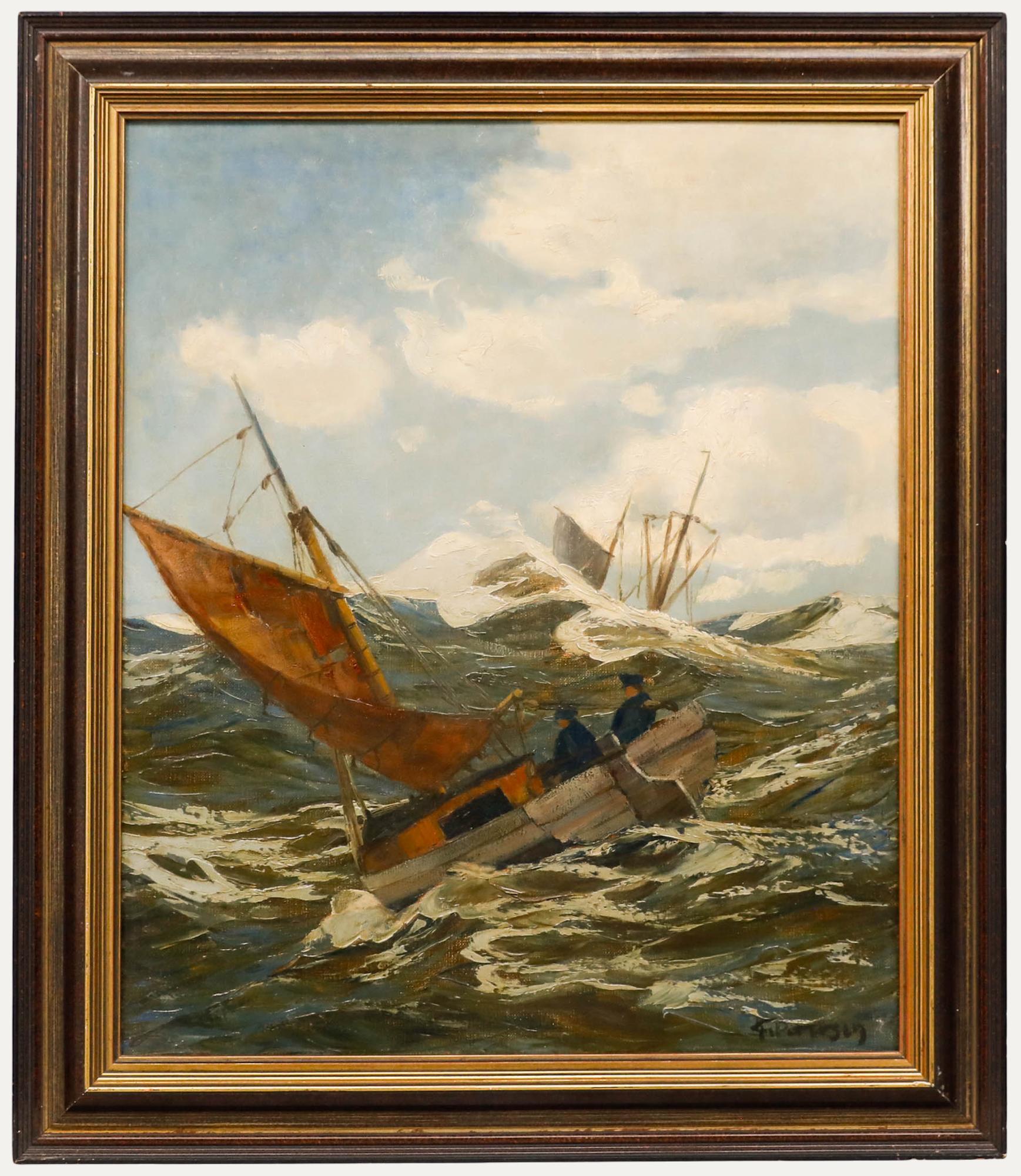 Unknown Figurative Painting – F. Petersen - Gerahmtes Öl aus der Mitte des 20. Jahrhunderts, Fischerboot bei hohem Wellengang