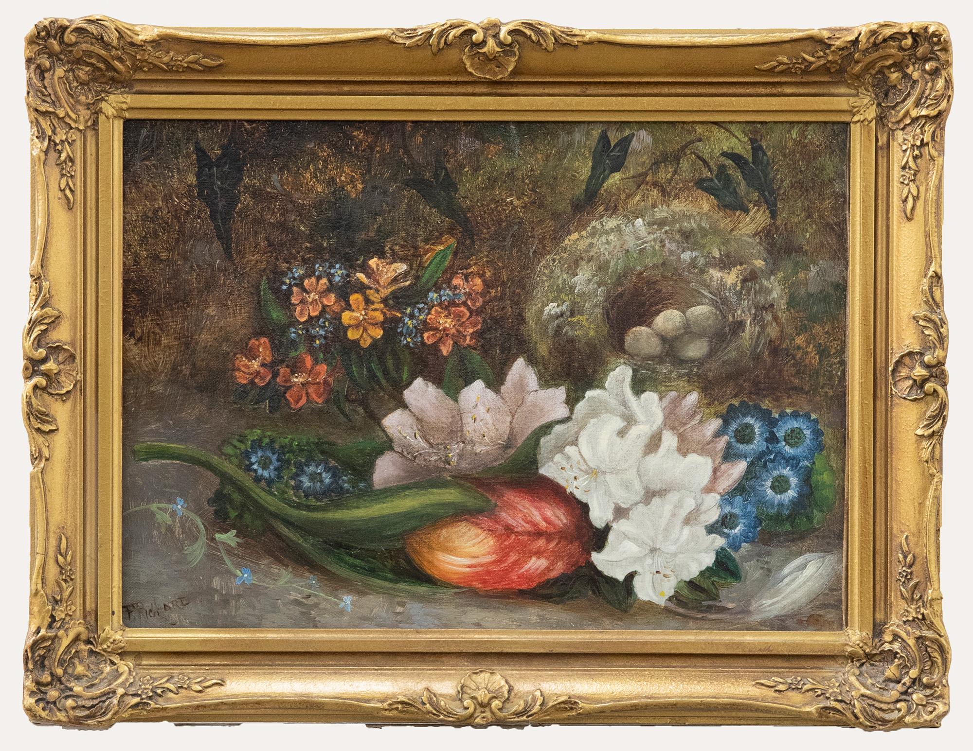 Unknown Still-Life Painting - F. Richard - c.1880 Oil, Birds Nest and Flowers