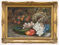 F. Richard, vers 1880, huile, nid d'oiseaux et fleurs