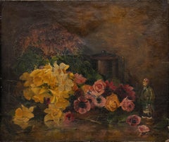 f robson artist F. Robson - Early 20th Century Oil For Restoration, Daffodils and Figurine