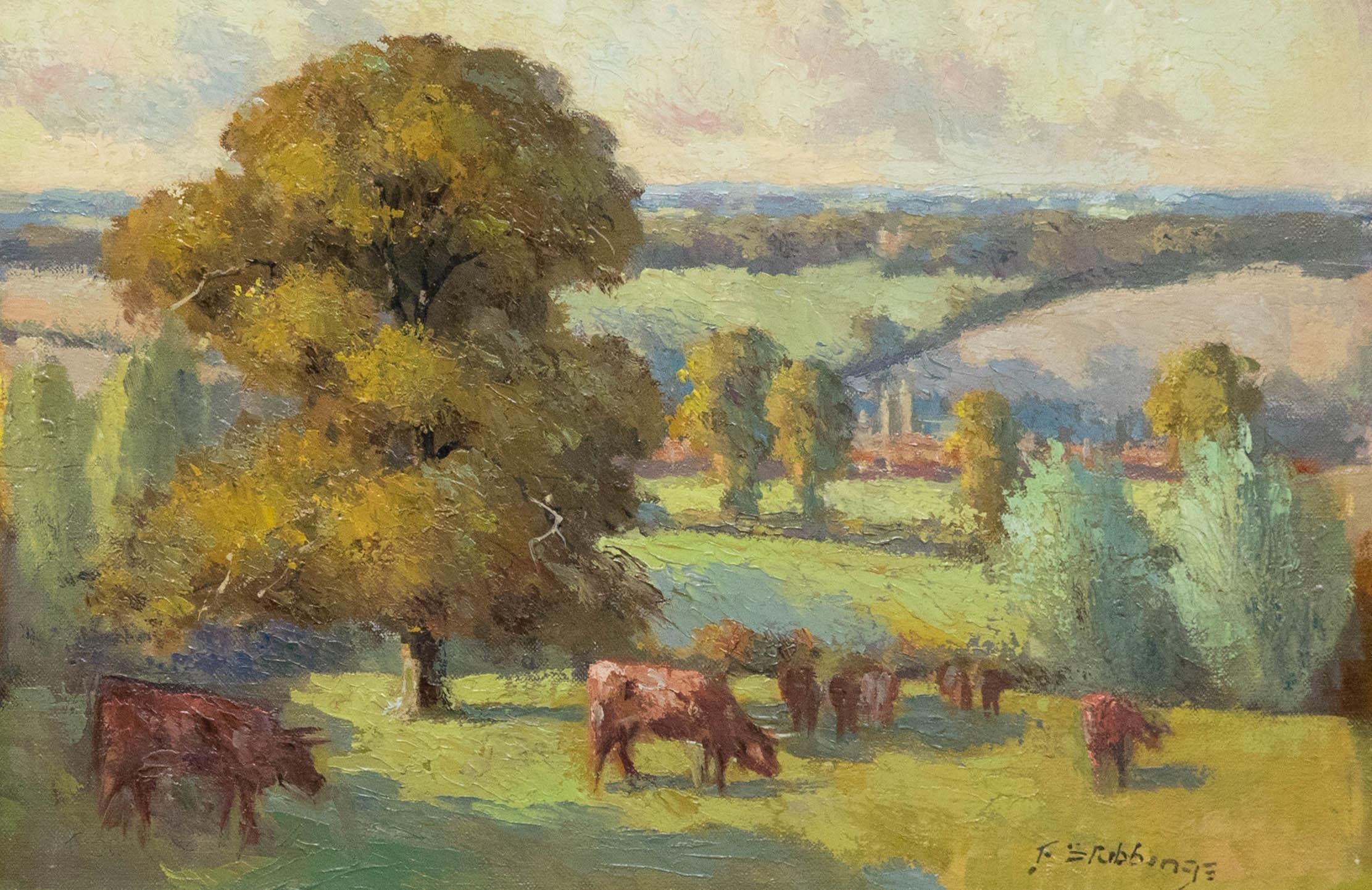 F. Stubbings  - 20th Century Oil, View of Grazing Cattle - Painting by Unknown