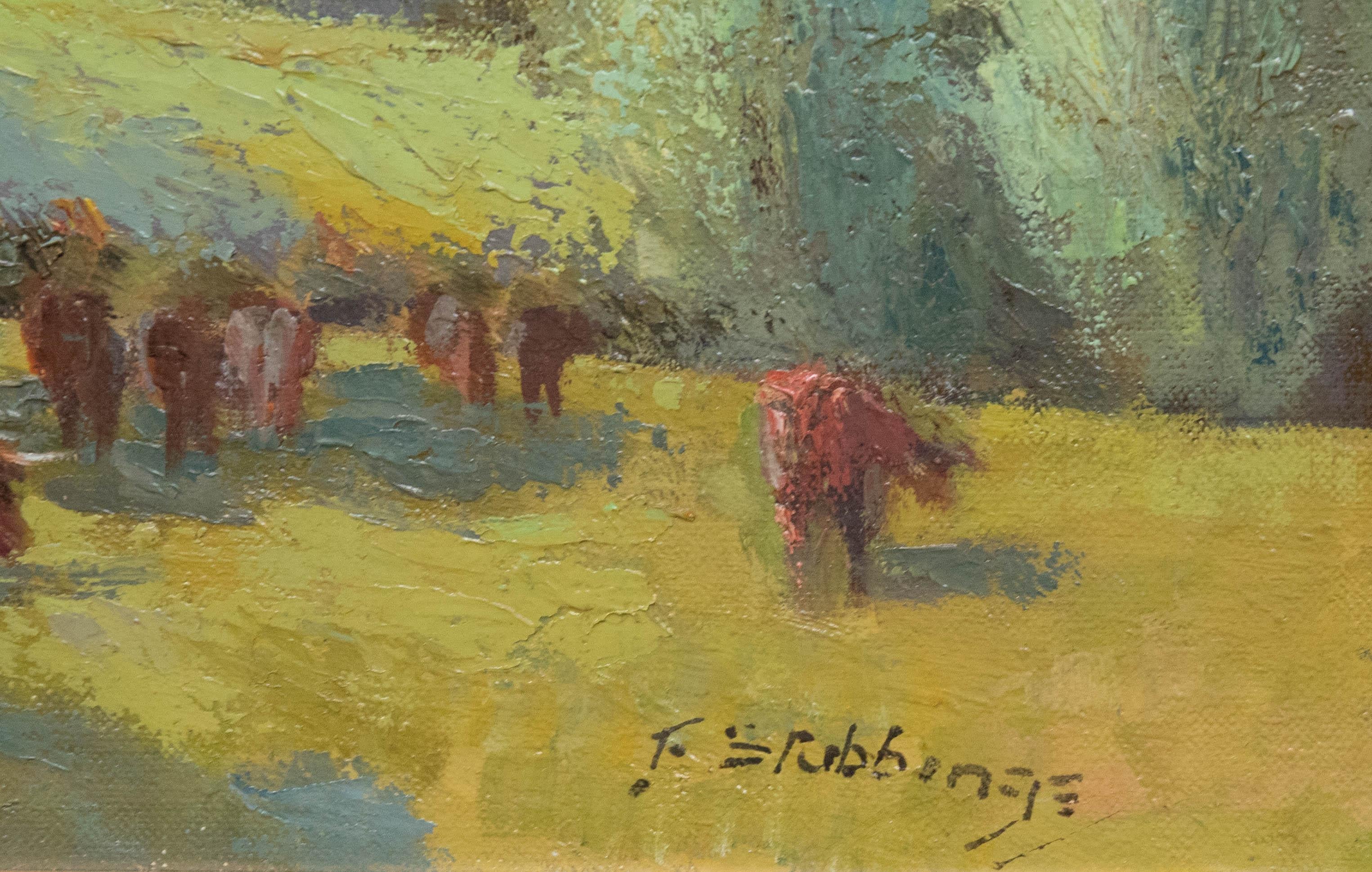 F. Stubbings  - 20th Century Oil, View of Grazing Cattle For Sale 2