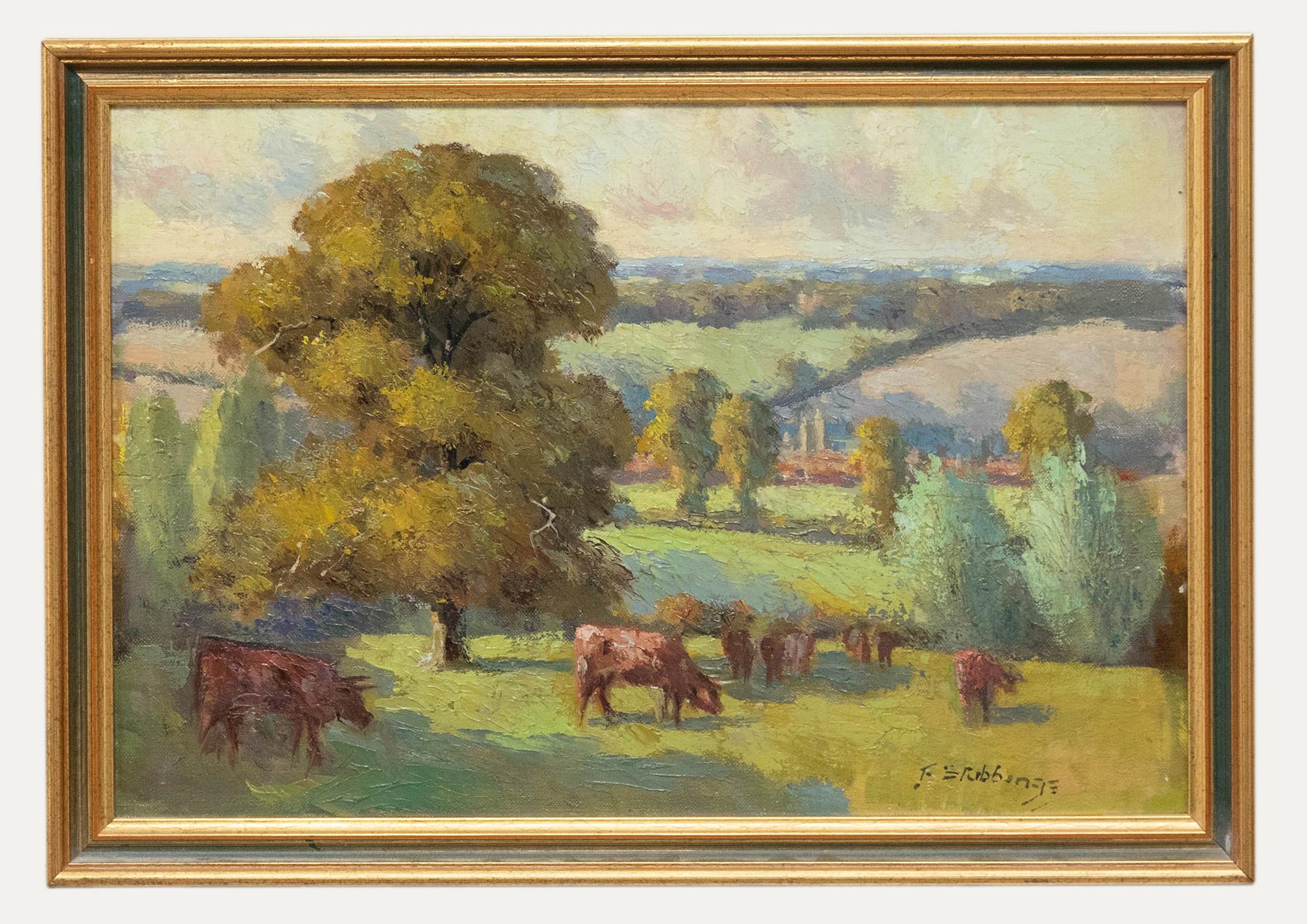 Unknown Landscape Painting - F. Stubbings  - 20th Century Oil, View of Grazing Cattle