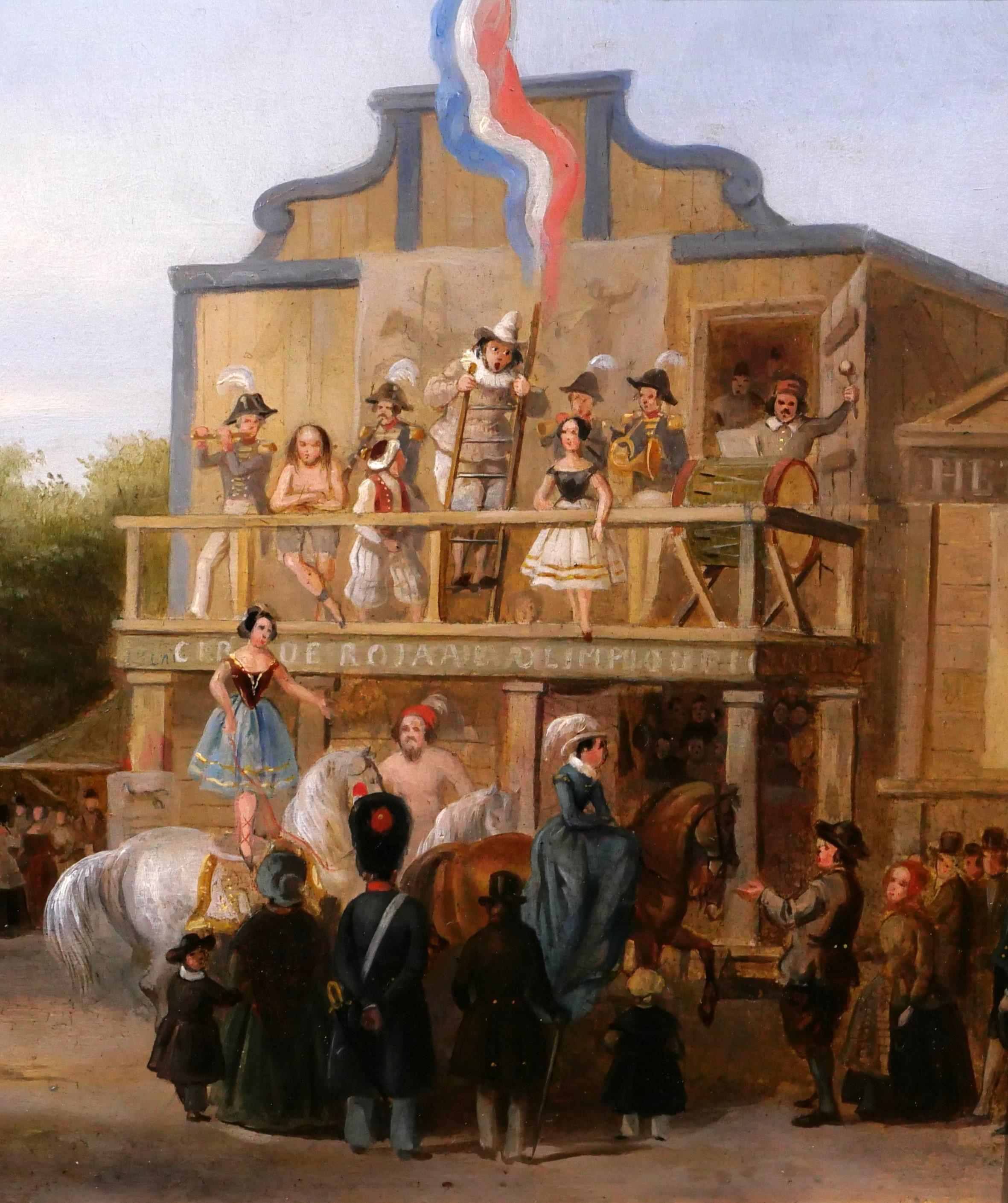 French school circa 1815
Fair scene with actors
Painting, oil on wood
Unsigned
Painting: 20 x 27 cm
Period frame: 30 x 36.5 cm
Very good condition