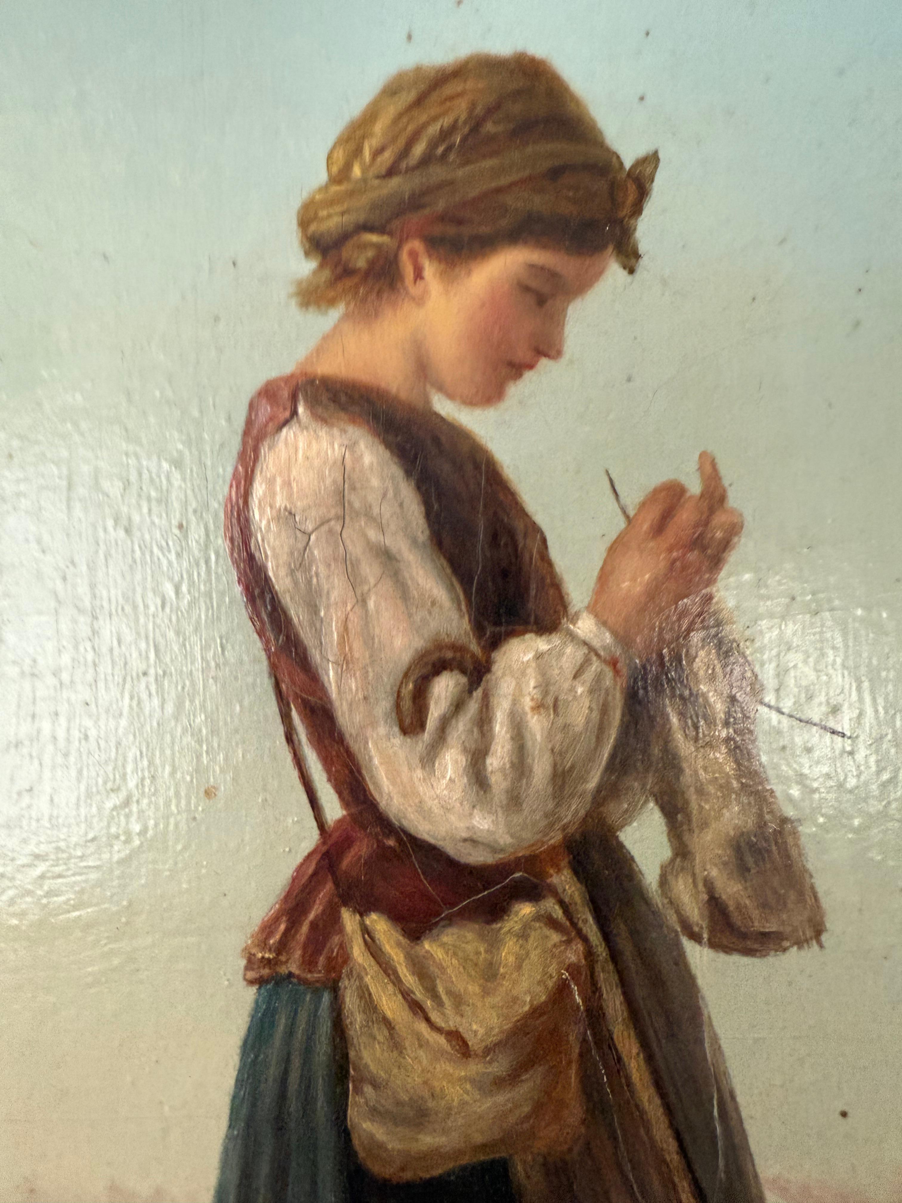 Il cane fedele guarda la contadina, pittura figurativa di pregio in paesaggio - Painting di Unknown