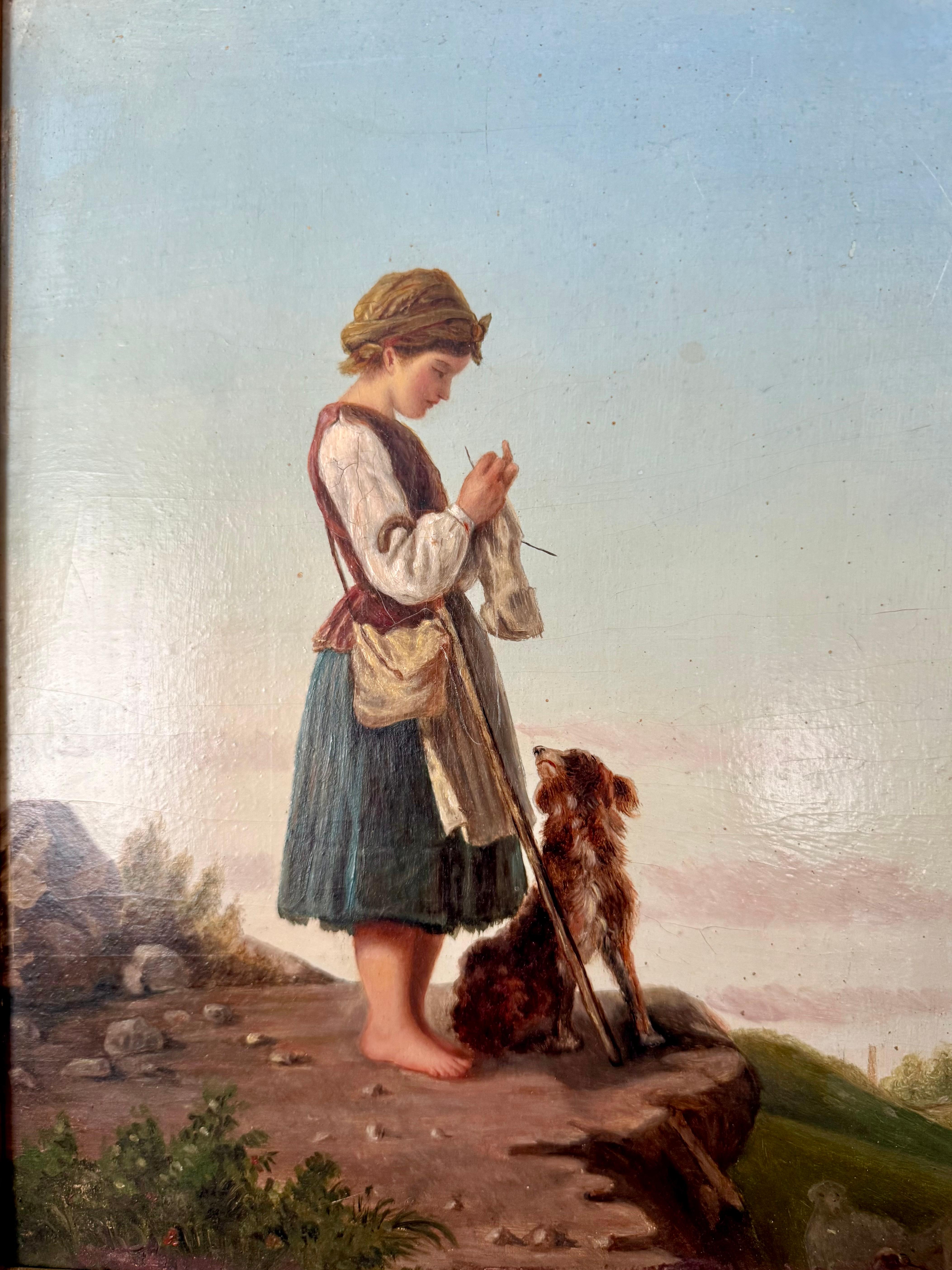 Il cane fedele guarda la contadina, pittura figurativa di pregio in paesaggio - Painting Realismo di Unknown