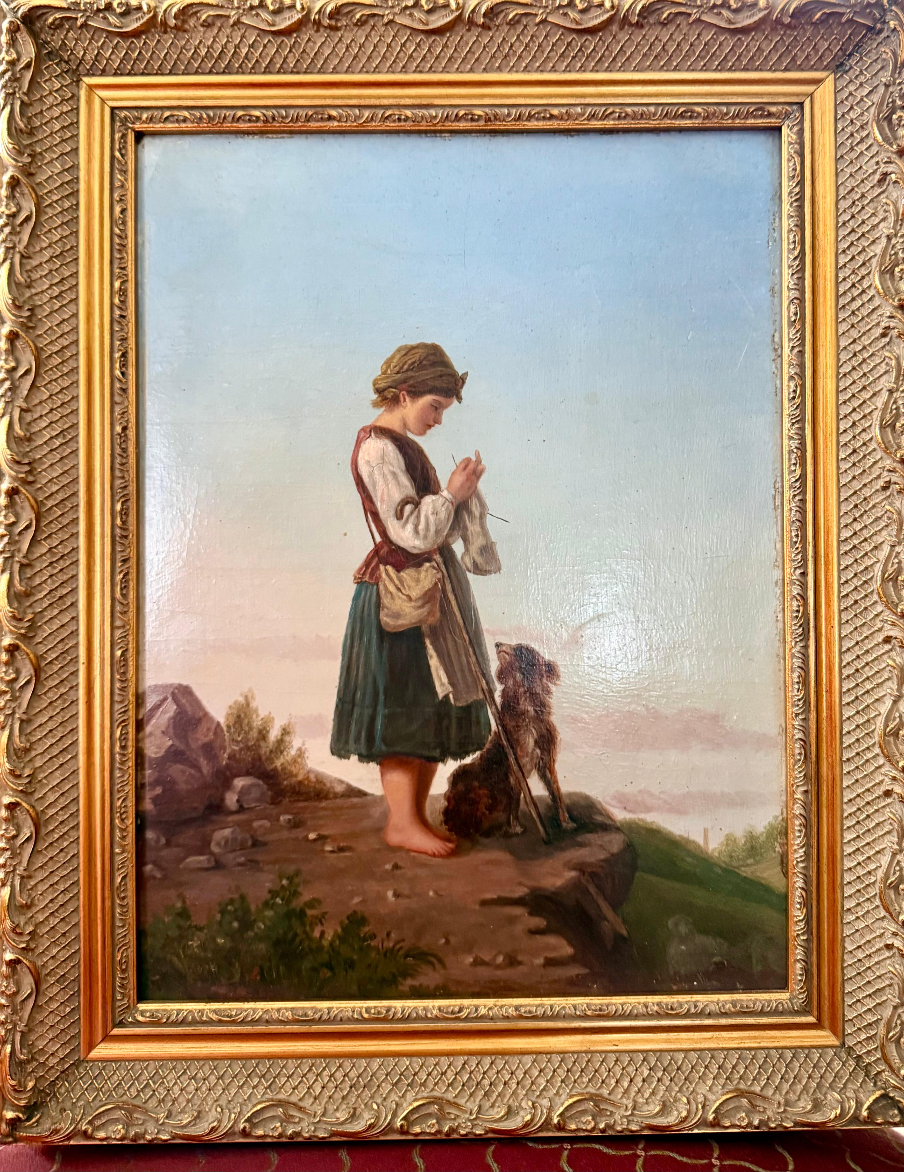 Il cane fedele guarda la contadina, pittura figurativa di pregio in paesaggio - Animal Painting Beige di Unknown