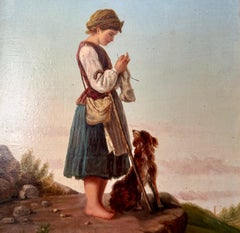 Le chien fidèle regarde une fille paysanne, belle peinture figurative dans un paysage