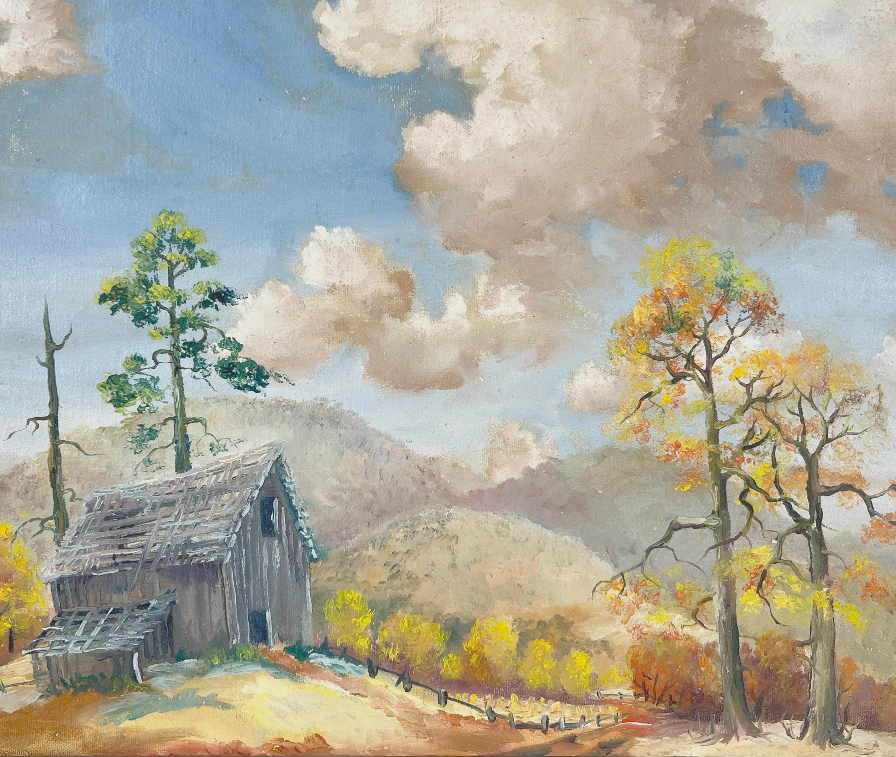 Fall in the California Foothills Original Oil Painting 1950s

Well executed California Oil painting of the Lower Foothills near Santa Cruz, California by an unknown artist (American, late 19th C.) Impasto brush work of billowing clouds on a fall