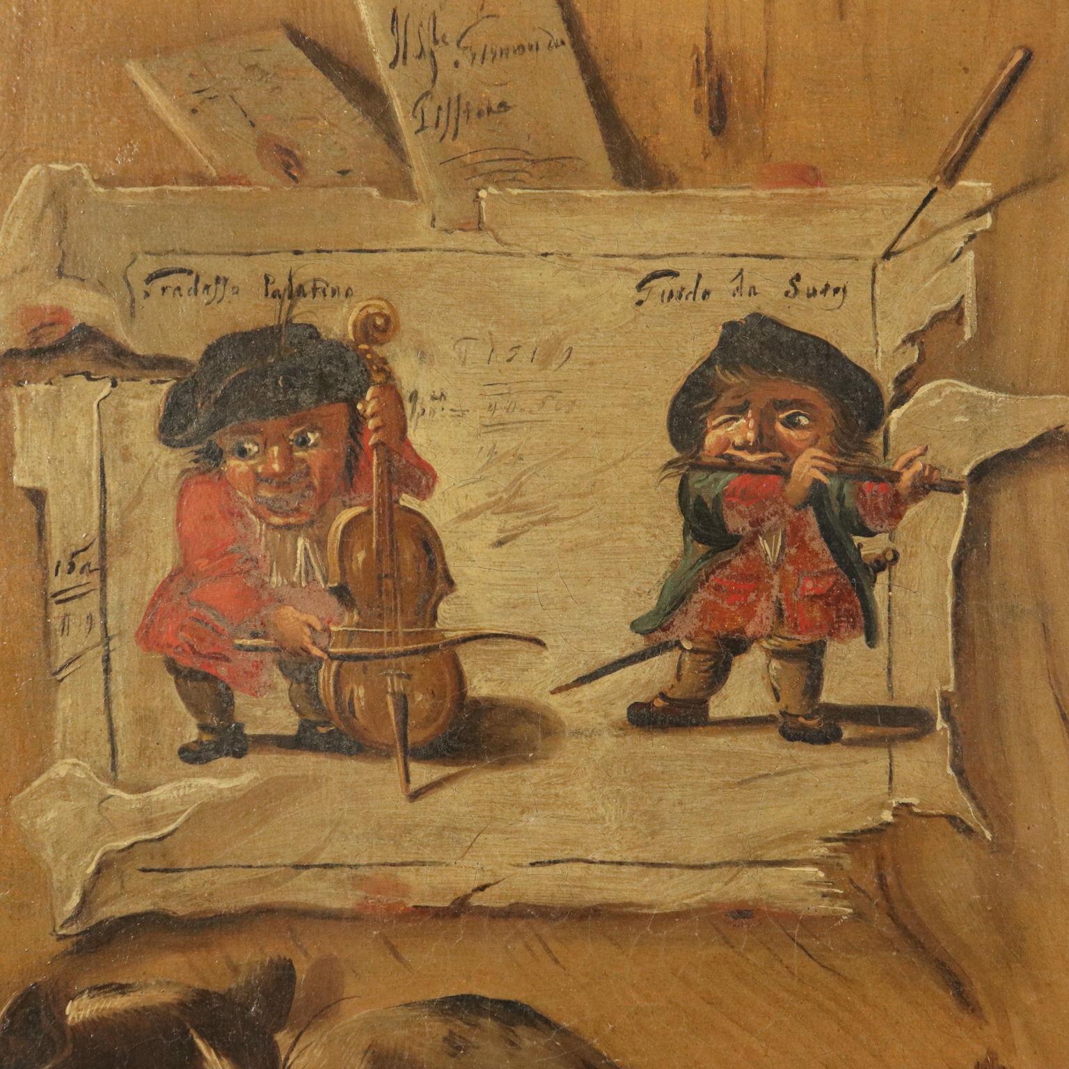 False Board Still Life with Fruit and Bushmeat Trompe l'oeil 1757 - Other Art Style Painting by Unknown