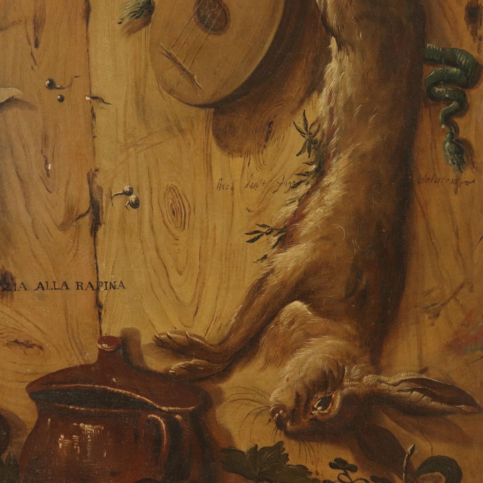 Oil on canvas. Undeciphered signature in the middle along the earthenware pot with lid and date. Fascinating composition with many quotes and references identifying the owner as an erudite or an academic. At the top left a false painting with the