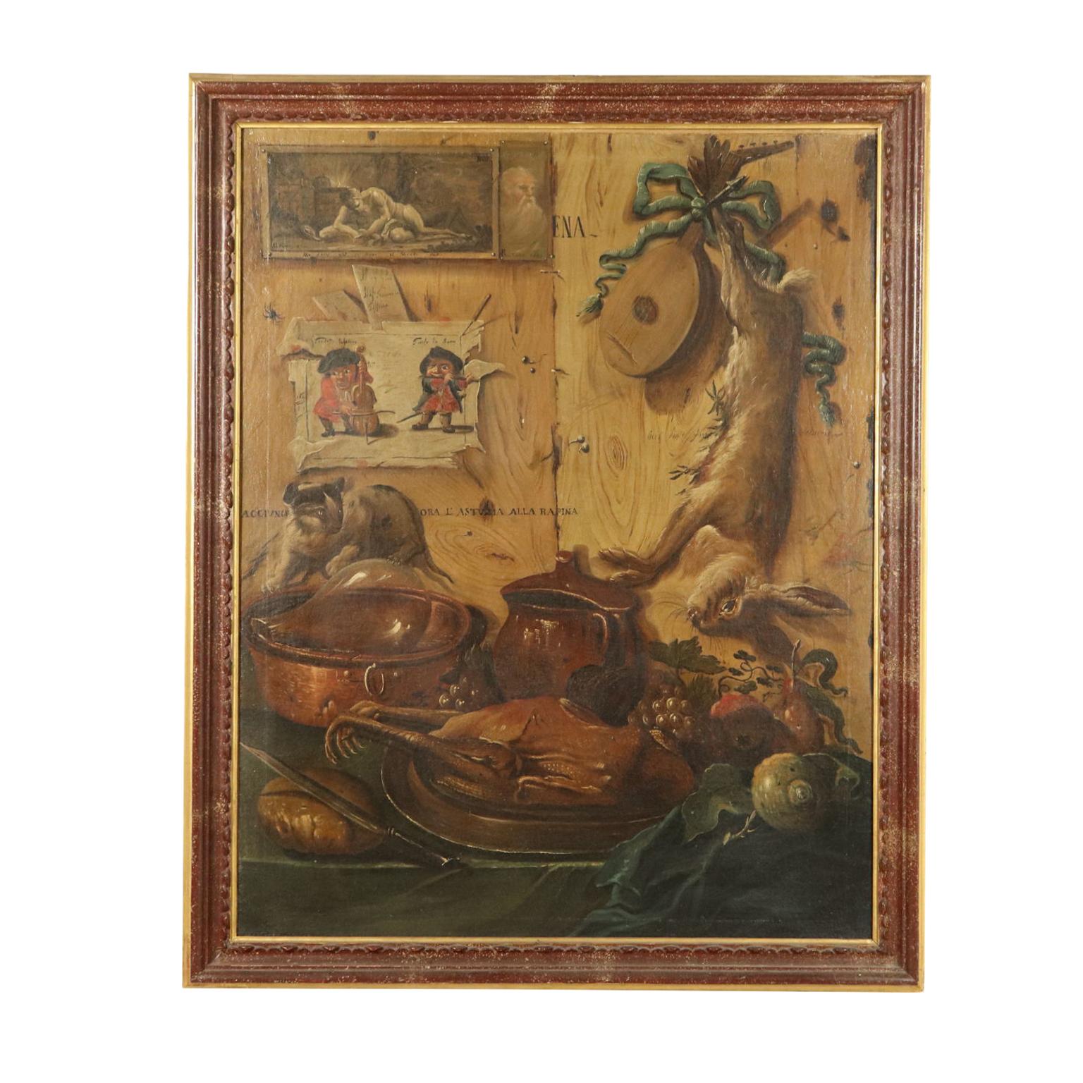 Unknown Still-Life Painting - False Board Still Life with Fruit and Bushmeat Trompe l'oeil 1757