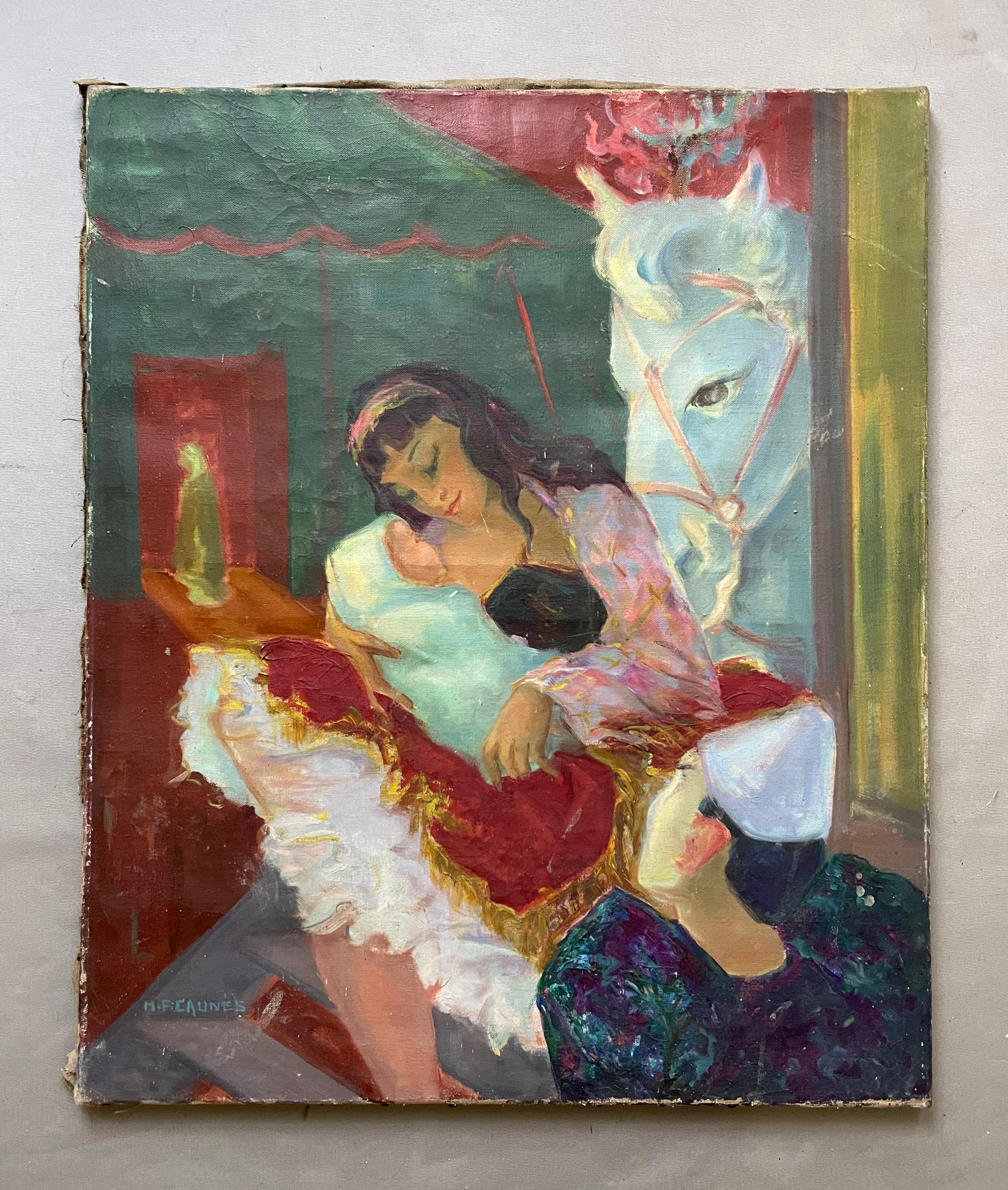 Familia de artistas de circo, óleo sobre lienzo firmado MF Caunes - Painting de Unknown