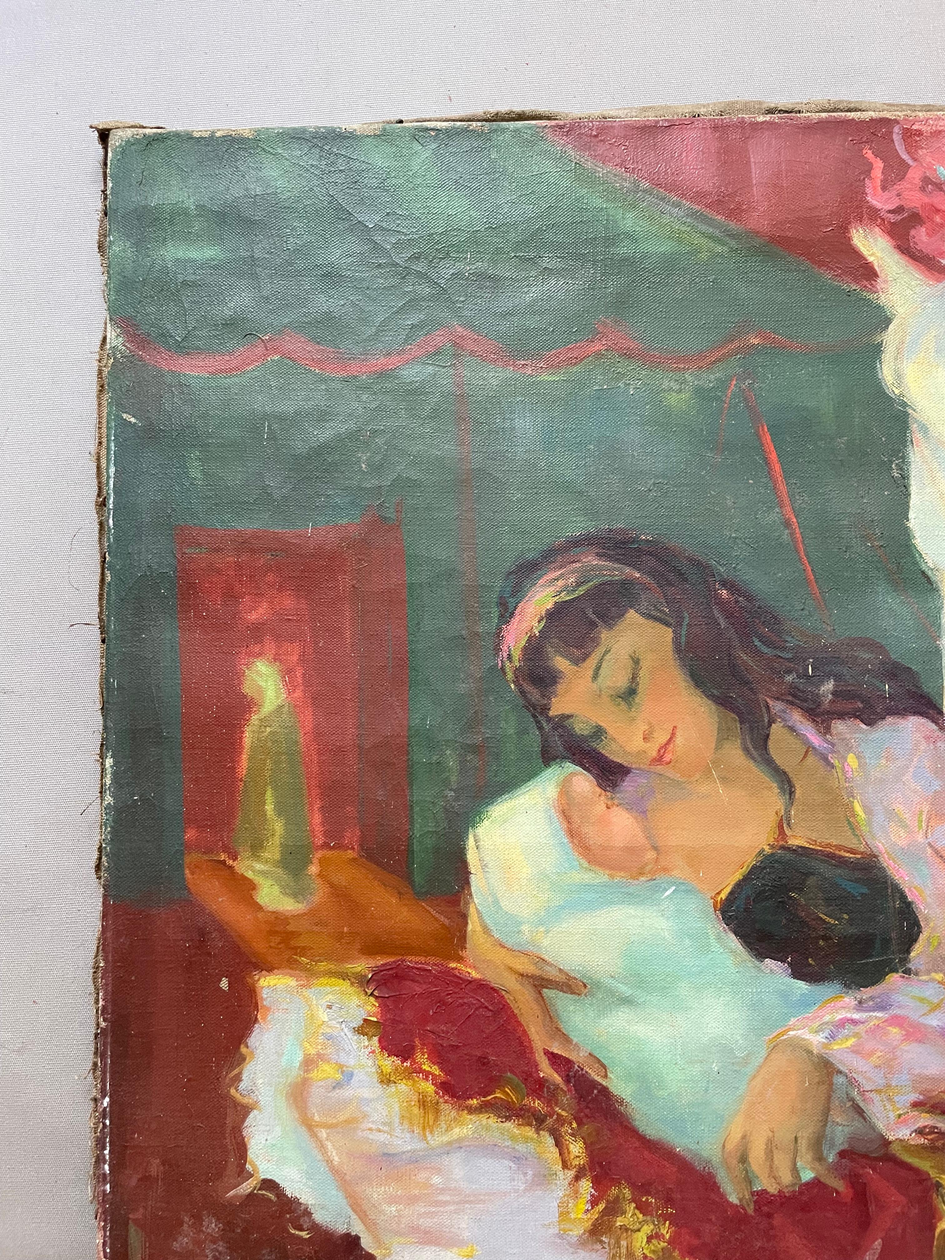 Familia de artistas de circo.  Óleo sobre lienzo firmado MF Caunes, firma por identificar.  Ligeras grietas y muy pequeñas pérdidas de pintura.  Ligera huella del bastidor en el lienzo. Algunos agujeros de gusano en el marco.  65 x 54 cm.