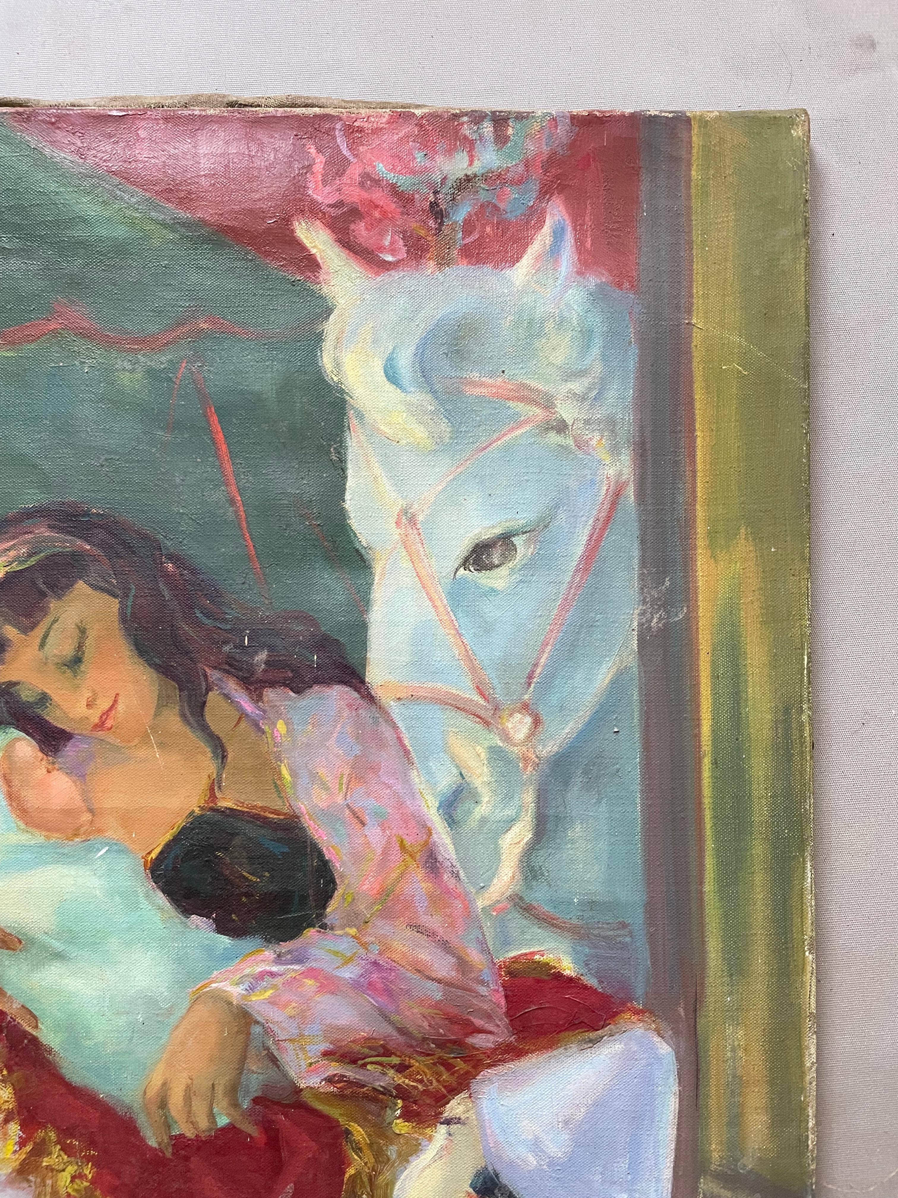 Familia de artistas de circo, óleo sobre lienzo firmado MF Caunes 1