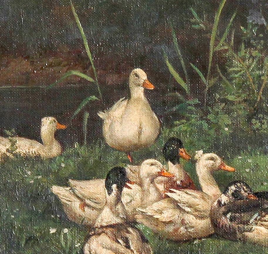 Famiglia di anatre, dipinto a olio impressionista con cornice in oro - Painting Realismo americano di Unknown