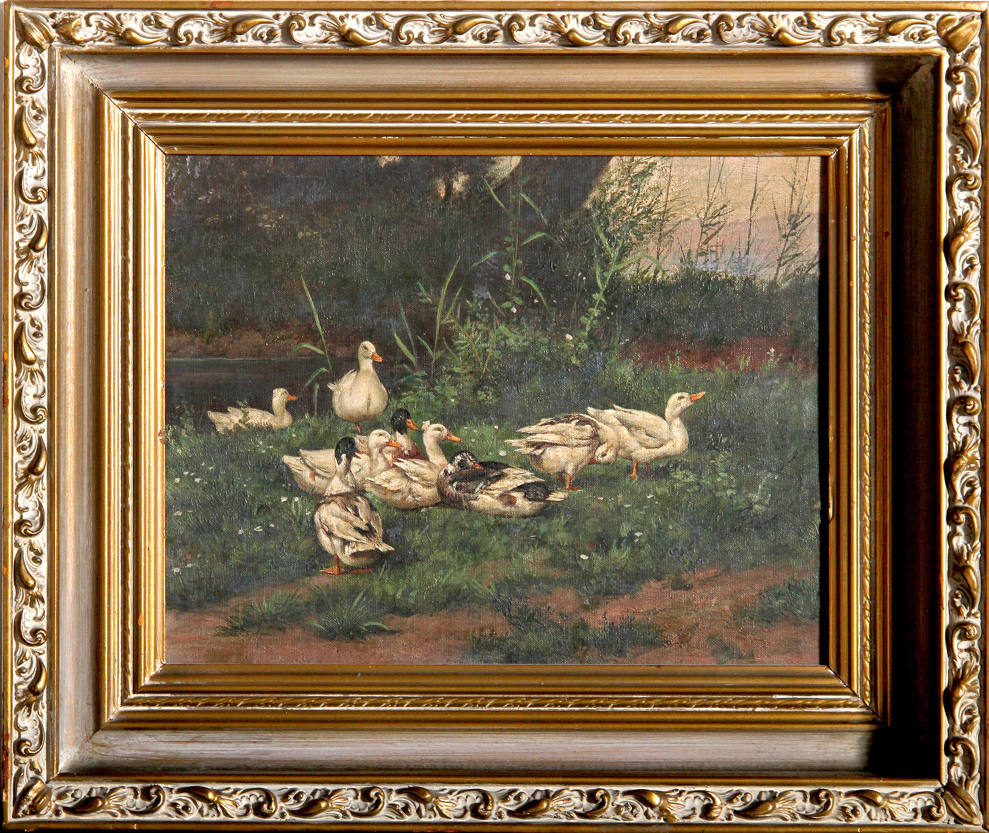 Figurative Painting Unknown - Famille de canards, peinture à l'huile