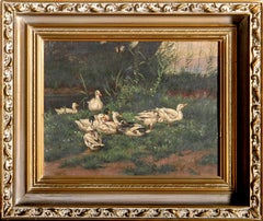 Family of Ducks, Gold-Framed Impressionist Oil Painting